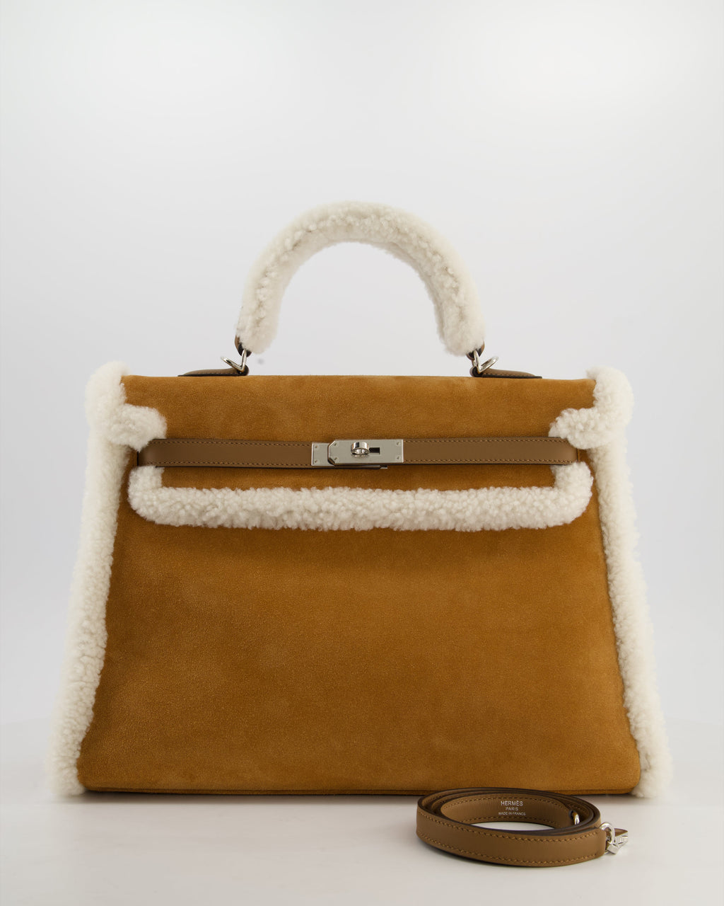*COLLECTOR'S* Hermès Kelly 35 Teddy Plush Grizzly Bag in Alezan Swift Leather, Ecru Plush & Chamois Grizzly Suede Leather with Palladium Hardware