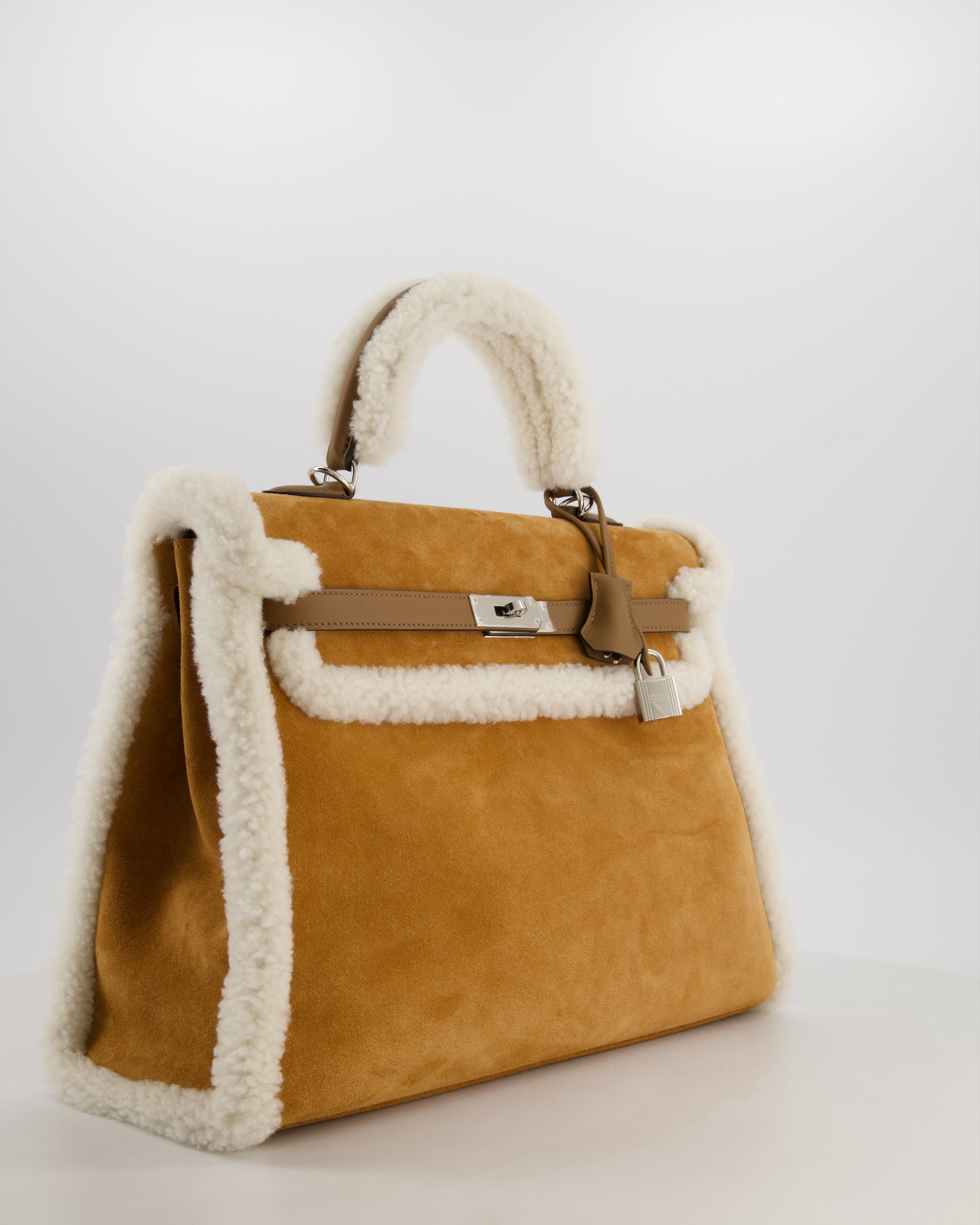 *COLLECTOR'S* Hermès Kelly 35 Teddy Plush Grizzly Bag in Alezan Swift Leather, Ecru Plush & Chamois Grizzly Suede Leather with Palladium Hardware