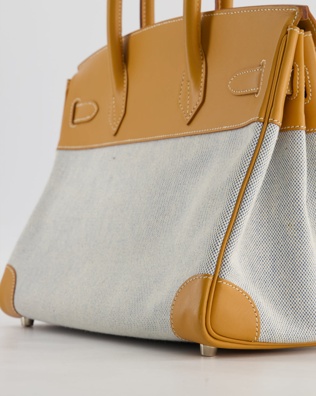 *RARE* Hermès Vintage Birkin 30 Retourne Toile Bag in Natural Sable Vache Naturelle Leather & Écru/Ciel Cross Toile Canvas with Palladium Hardware