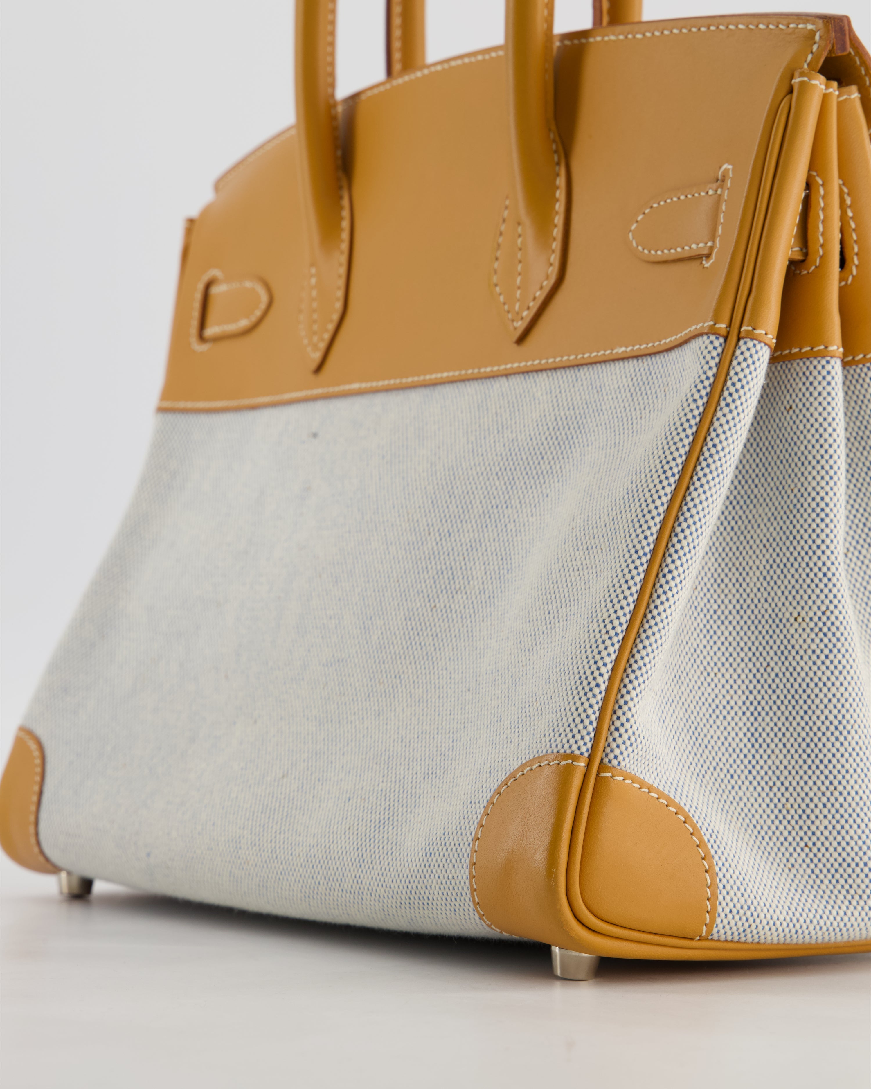 *RARE* Hermès Vintage Birkin 30 Retourne Toile Bag in Natural Sable Vache Naturelle Leather & Écru/Ciel Cross Toile Canvas with Palladium Hardware