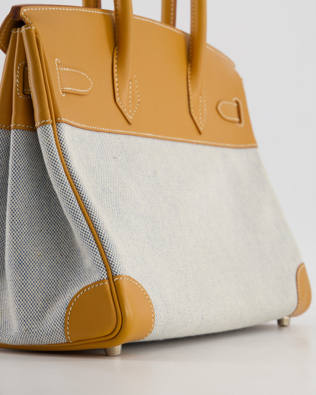 *RARE* Hermès Vintage Birkin 30 Retourne Toile Bag in Natural Sable Vache Naturelle Leather & Écru/Ciel Cross Toile Canvas with Palladium Hardware