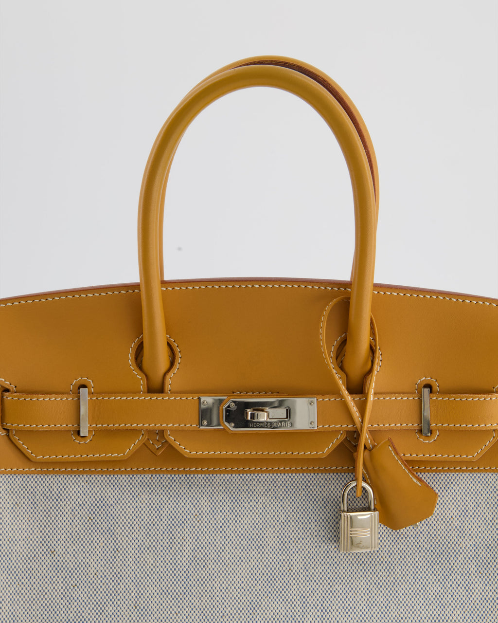*RARE* Hermès Vintage Birkin 30 Retourne Toile Bag in Natural Sable Vache Naturelle Leather & Écru/Ciel Cross Toile Canvas with Palladium Hardware