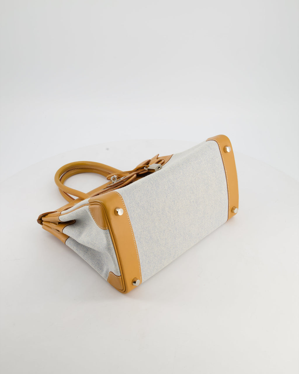 *RARE* Hermès Vintage Birkin 30 Retourne Toile Bag in Natural Sable Vache Naturelle Leather & Écru/Ciel Cross Toile Canvas with Palladium Hardware