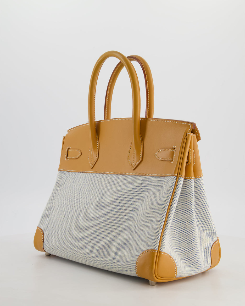 *RARE* Hermès Vintage Birkin 30 Retourne Toile Bag in Natural Sable Vache Naturelle Leather & Écru/Ciel Cross Toile Canvas with Palladium Hardware