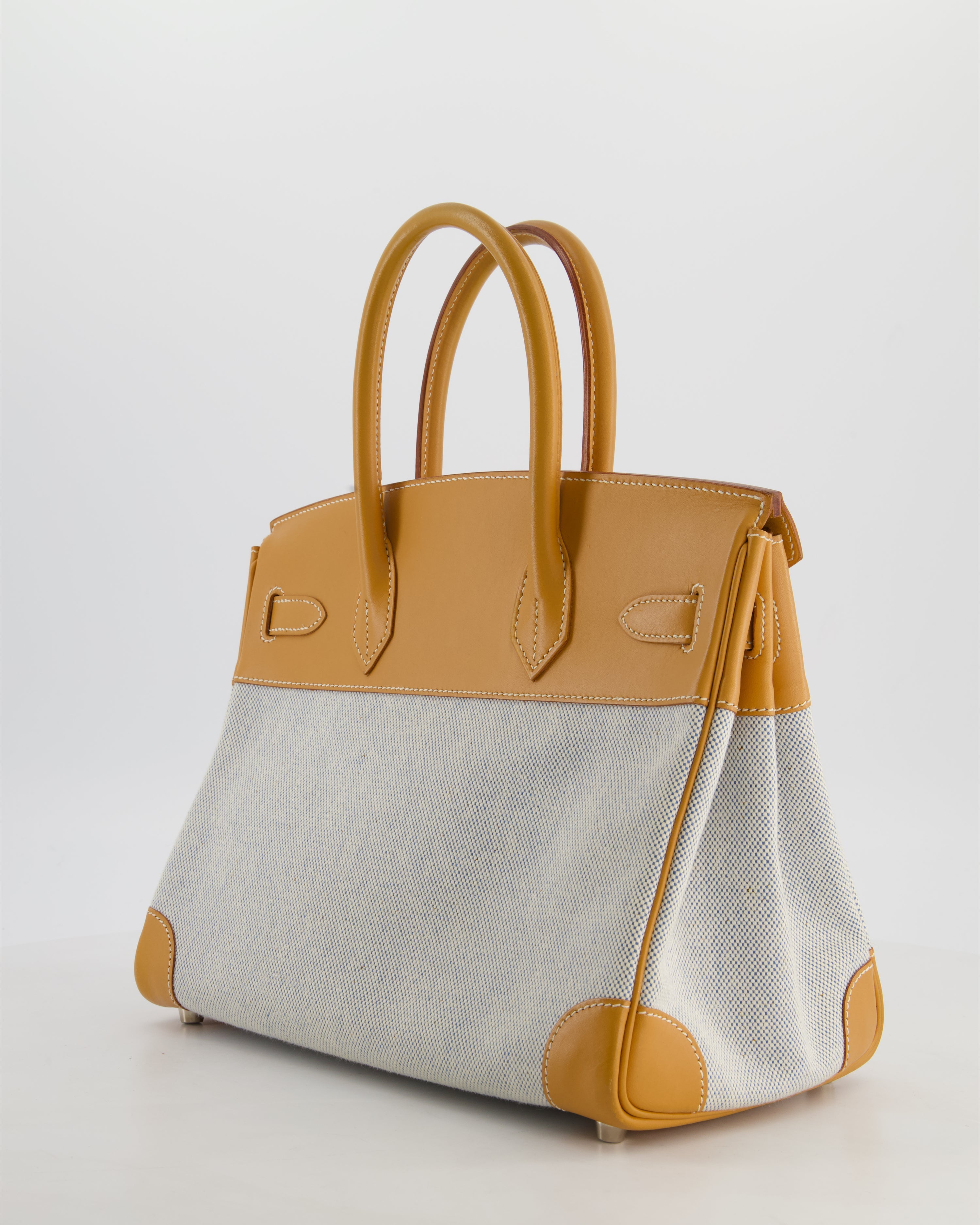 *RARE* Hermès Vintage Birkin 30 Retourne Toile Bag in Natural Sable Vache Naturelle Leather & Écru/Ciel Cross Toile Canvas with Palladium Hardware