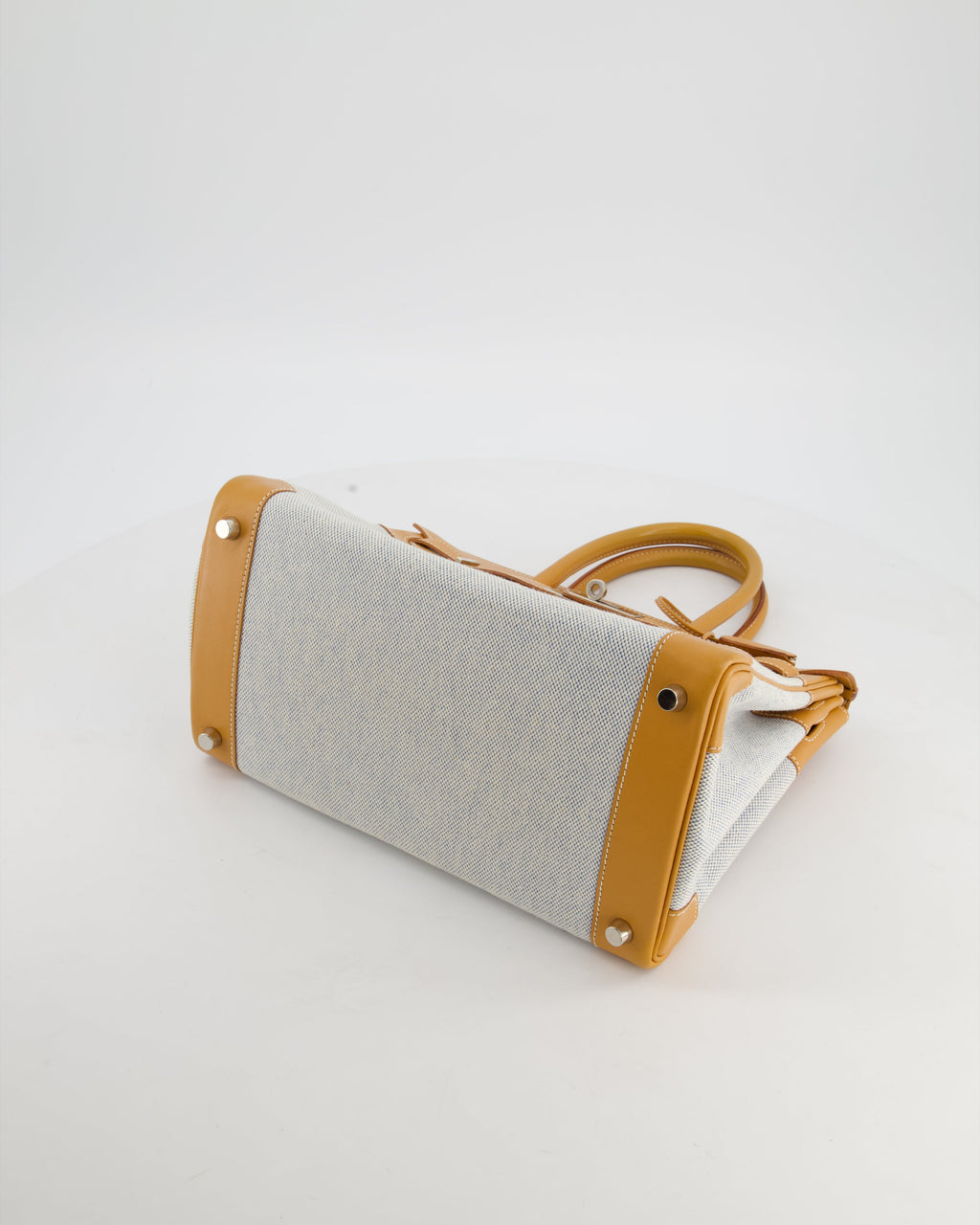 *RARE* Hermès Vintage Birkin 30 Retourne Toile Bag in Natural Sable Vache Naturelle Leather & Écru/Ciel Cross Toile Canvas with Palladium Hardware