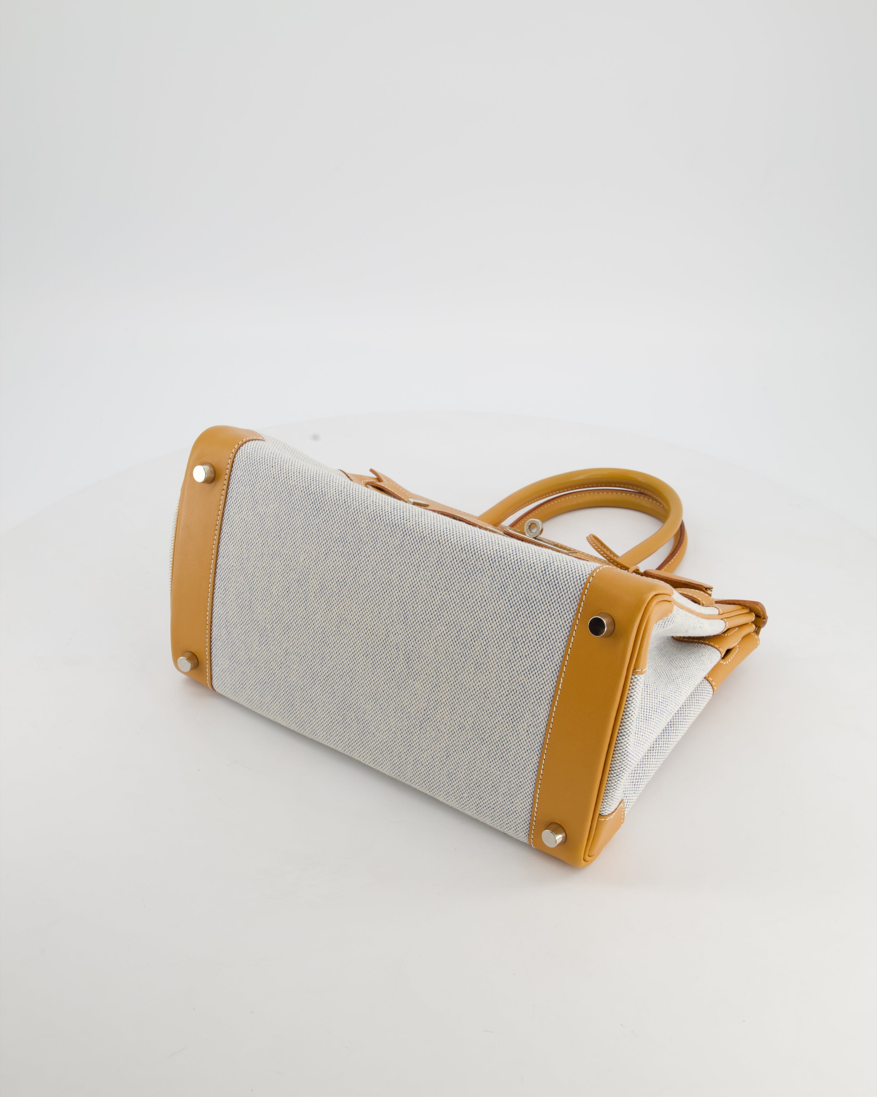*RARE* Hermès Vintage Birkin 30 Retourne Toile Bag in Natural Sable Vache Naturelle Leather & Écru/Ciel Cross Toile Canvas with Palladium Hardware