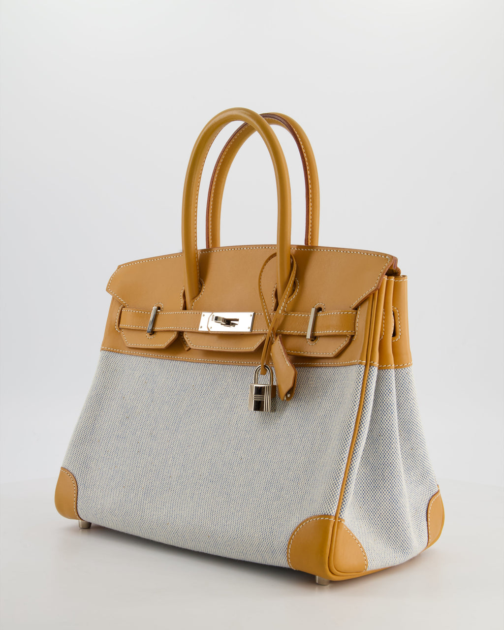 *RARE* Hermès Vintage Birkin 30 Retourne Toile Bag in Natural Sable Vache Naturelle Leather & Écru/Ciel Cross Toile Canvas with Palladium Hardware