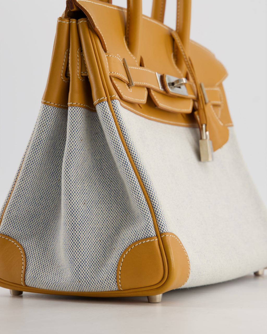 *RARE* Hermès Vintage Birkin 30 Retourne Toile Bag in Natural Sable Vache Naturelle Leather & Écru/Ciel Cross Toile Canvas with Palladium Hardware