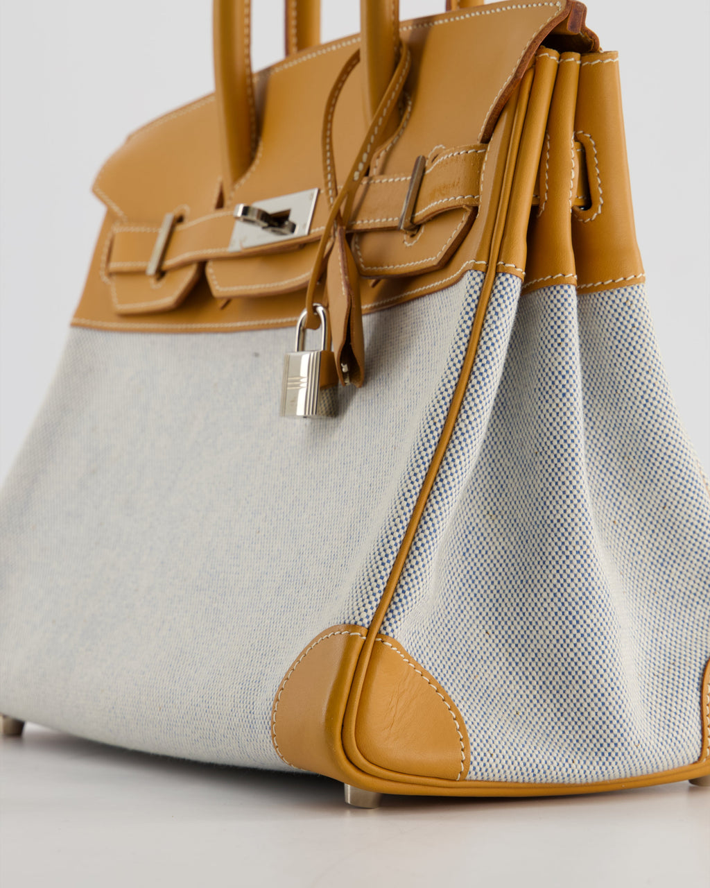 *RARE* Hermès Vintage Birkin 30 Retourne Toile Bag in Natural Sable Vache Naturelle Leather & Écru/Ciel Cross Toile Canvas with Palladium Hardware