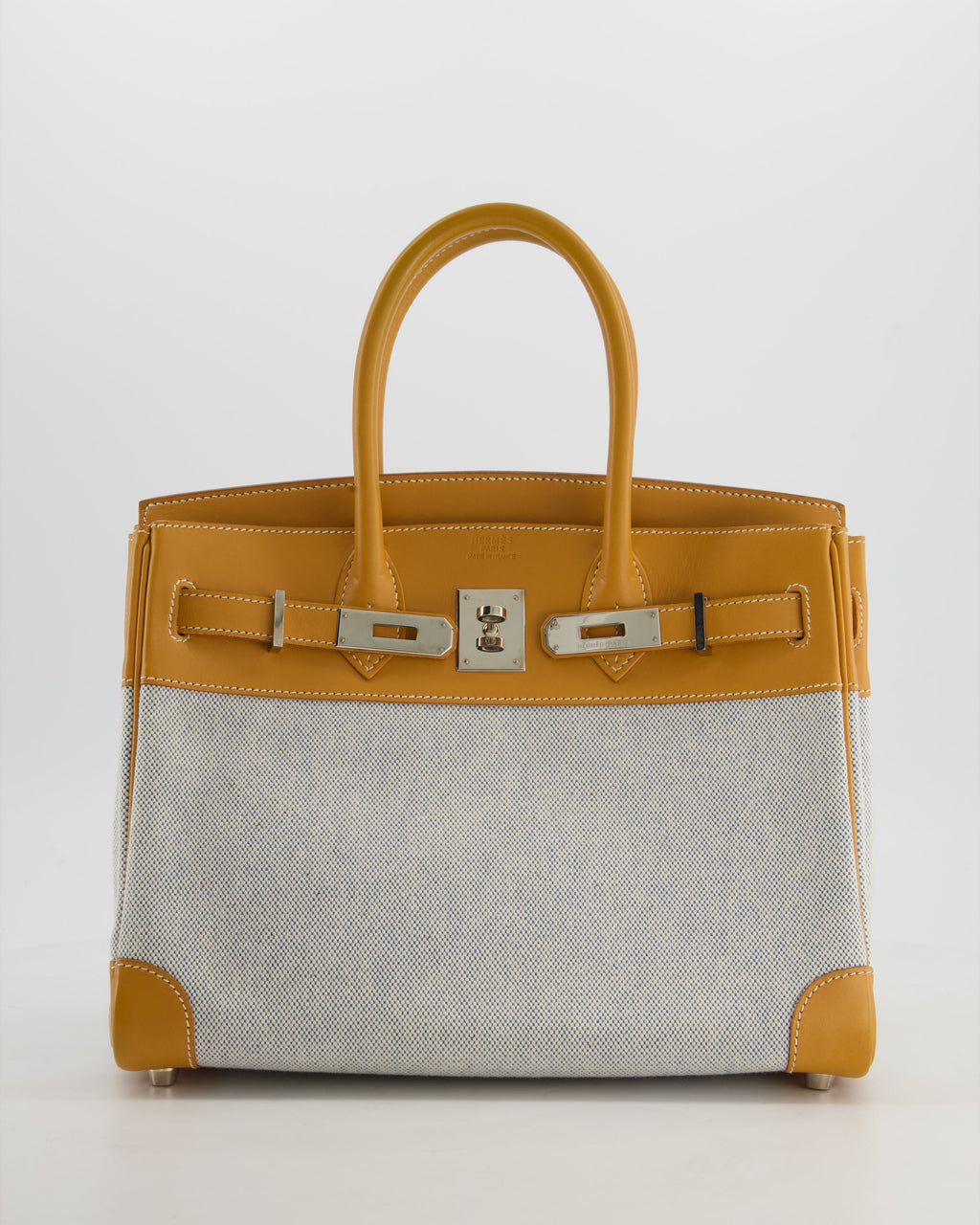*RARE* Hermès Vintage Birkin 30 Retourne Toile Bag in Natural Sable Vache Naturelle Leather & Écru/Ciel Cross Toile Canvas with Palladium Hardware