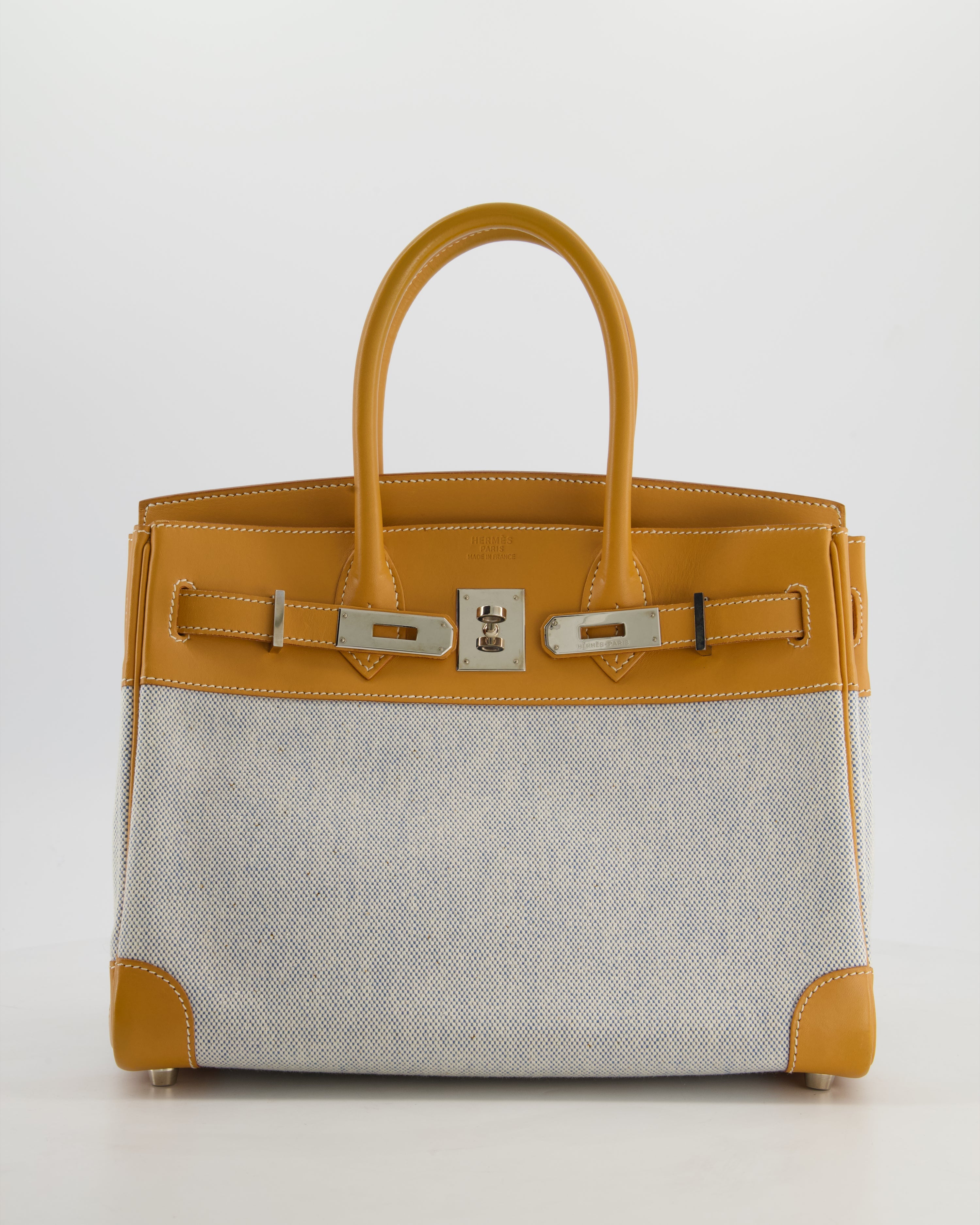 *RARE* Hermès Vintage Birkin 30 Retourne Toile Bag in Natural Sable Vache Naturelle Leather & Écru/Ciel Cross Toile Canvas with Palladium Hardware