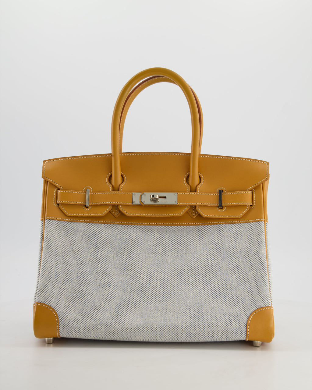 *RARE* Hermès Vintage Birkin 30 Retourne Toile Bag in Natural Sable Vache Naturelle Leather & Écru/Ciel Cross Toile Canvas with Palladium Hardware