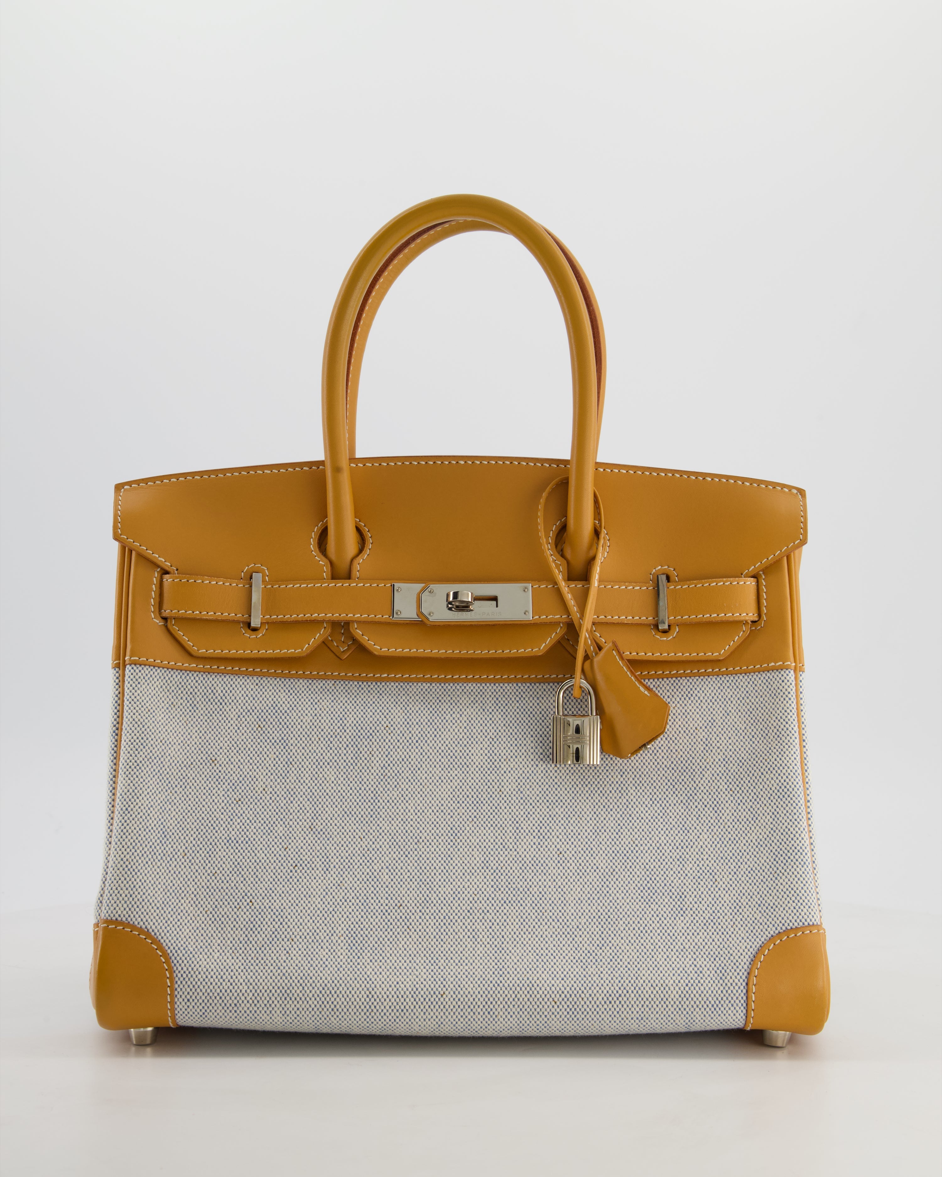 *RARE* Hermès Vintage Birkin 30 Retourne Toile Bag in Natural Sable Vache Naturelle Leather & Écru/Ciel Cross Toile Canvas with Palladium Hardware