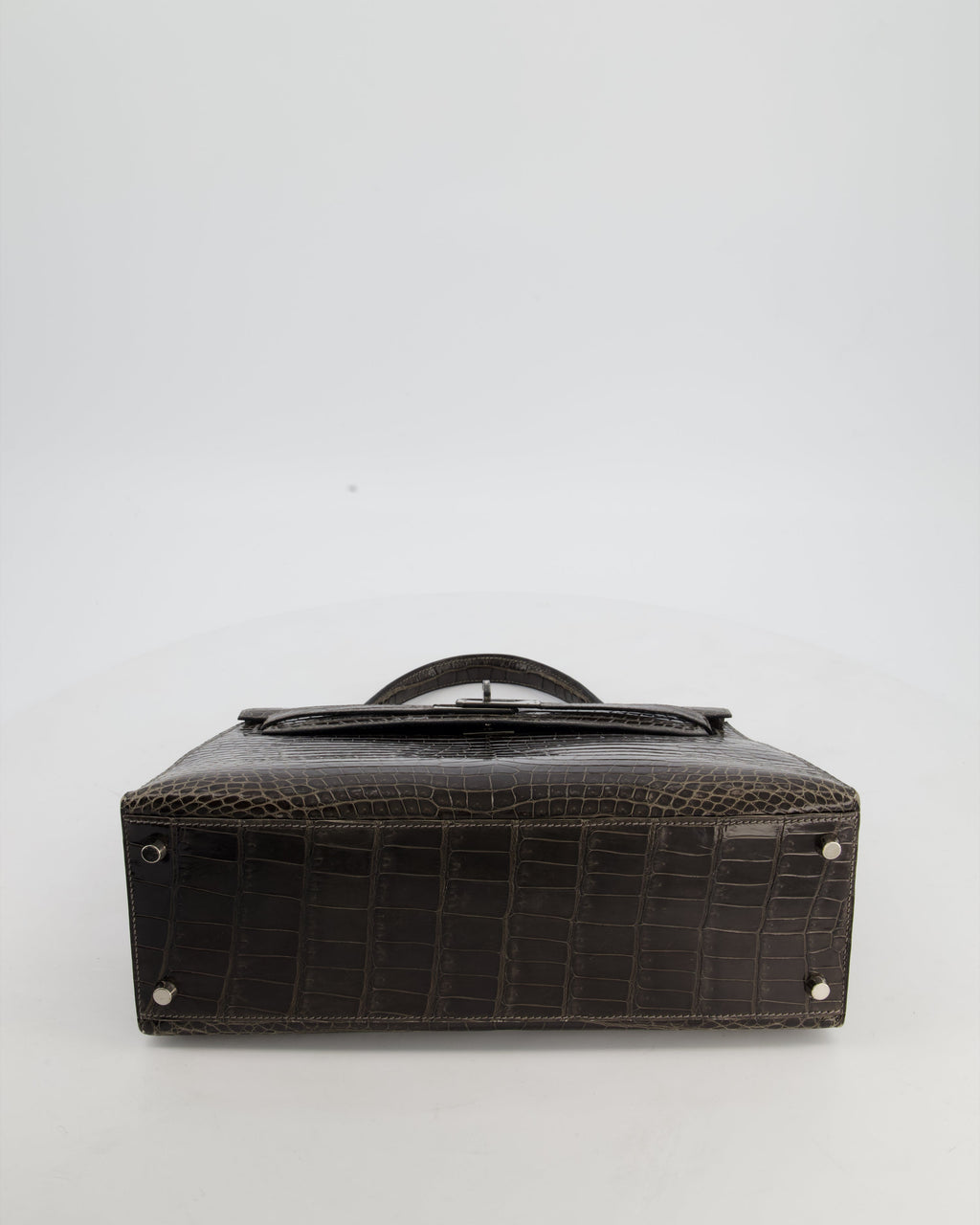 Hermès Vintage Kelly 32 Sellier Bag in Graphite Shiny Porosus Crocodile Leather with Palladium Hardware