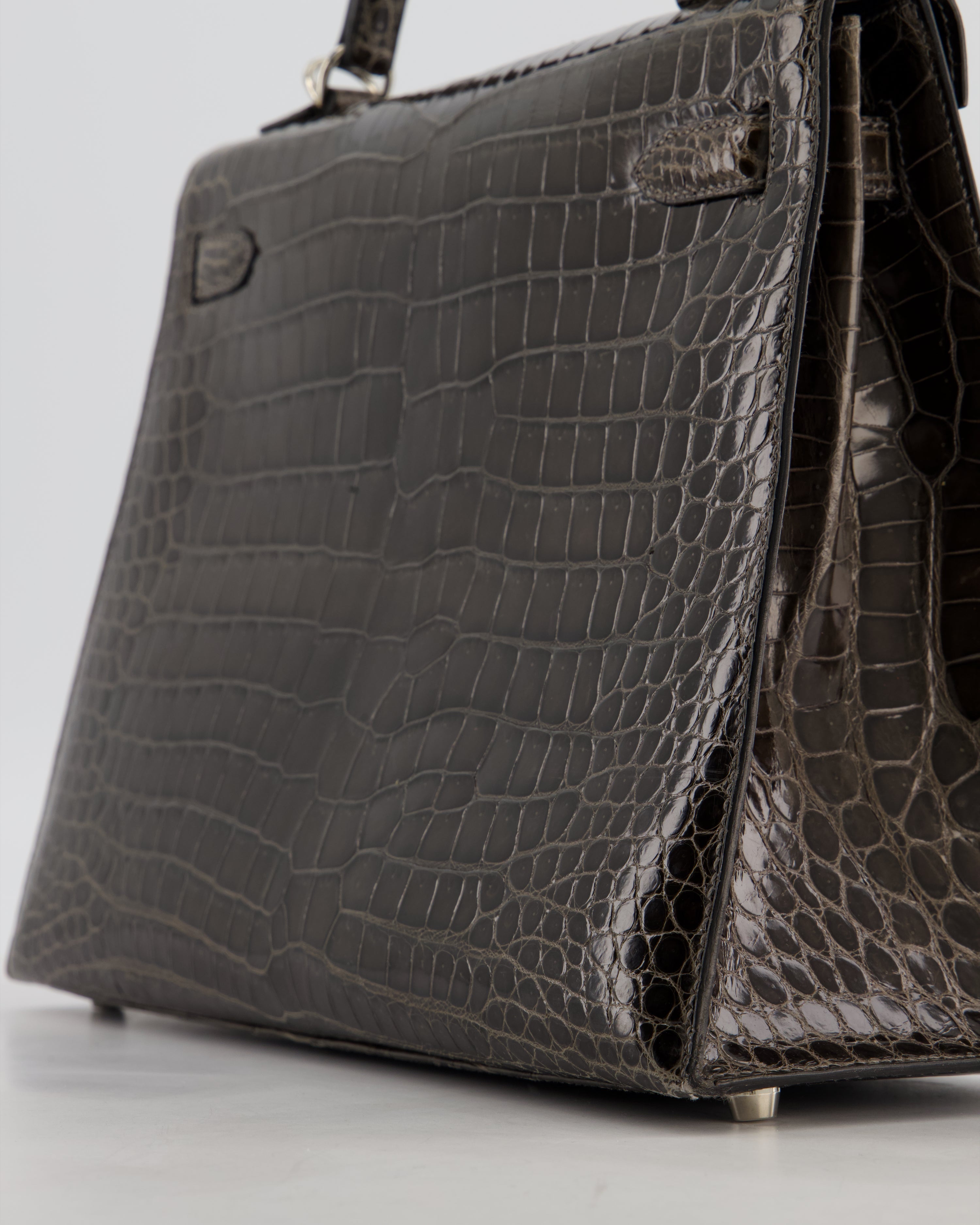 Hermès Vintage Kelly 32 Sellier Bag in Graphite Shiny Porosus Crocodile Leather with Palladium Hardware