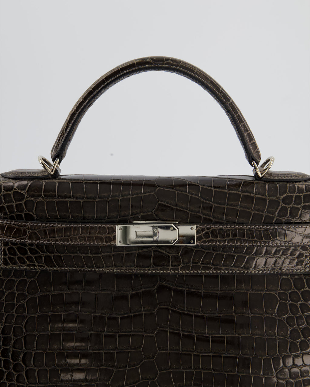 Hermès Vintage Kelly 32 Sellier Bag in Graphite Shiny Porosus Crocodile Leather with Palladium Hardware