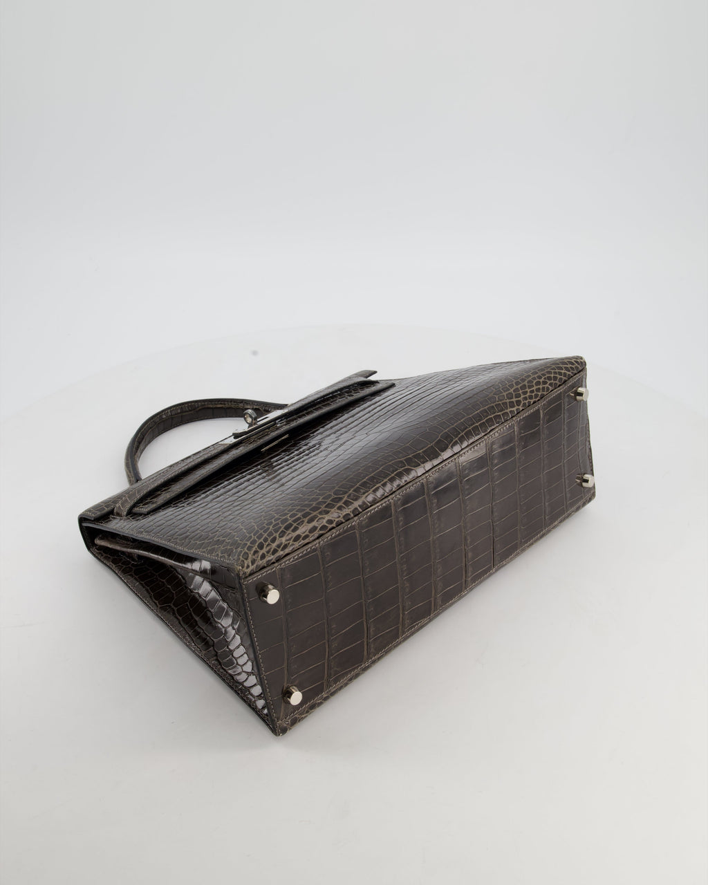 Hermès Vintage Kelly 32 Sellier Bag in Graphite Shiny Porosus Crocodile Leather with Palladium Hardware