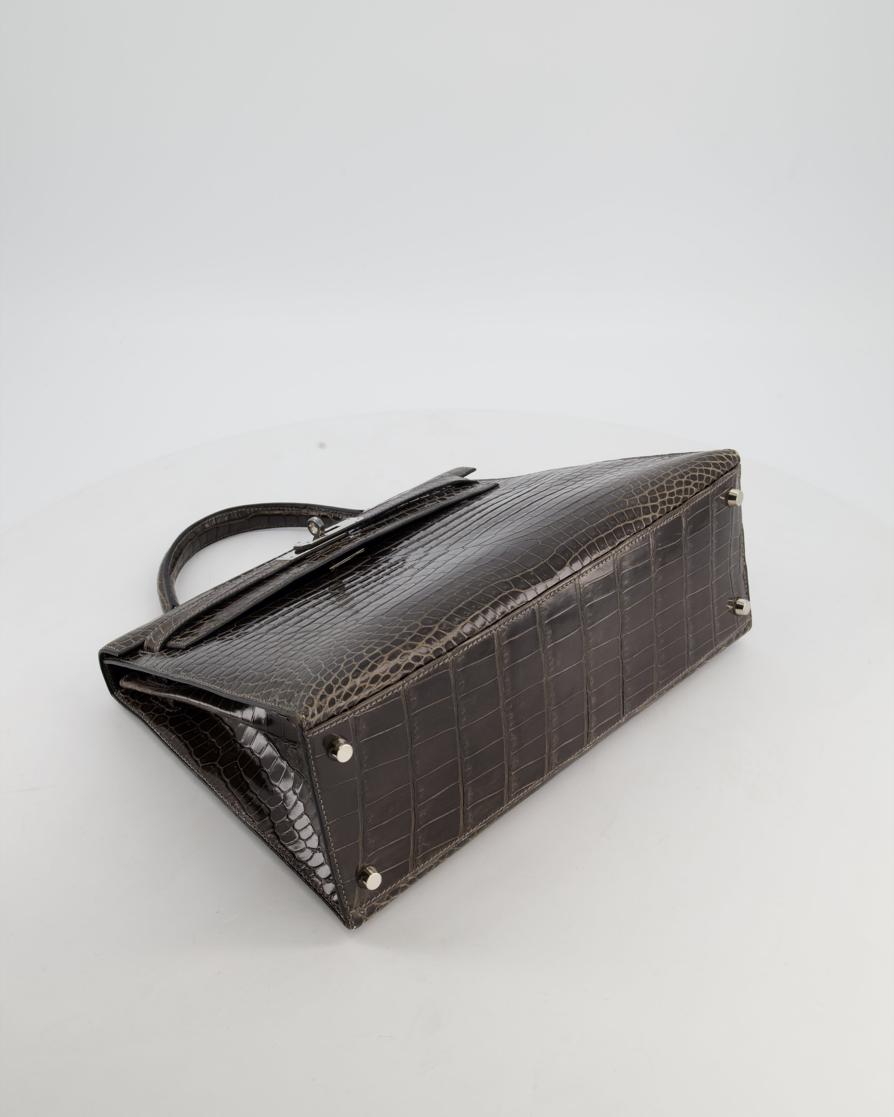 Hermès Vintage Kelly 32 Sellier Bag in Graphite Shiny Porosus Crocodile Leather with Palladium Hardware