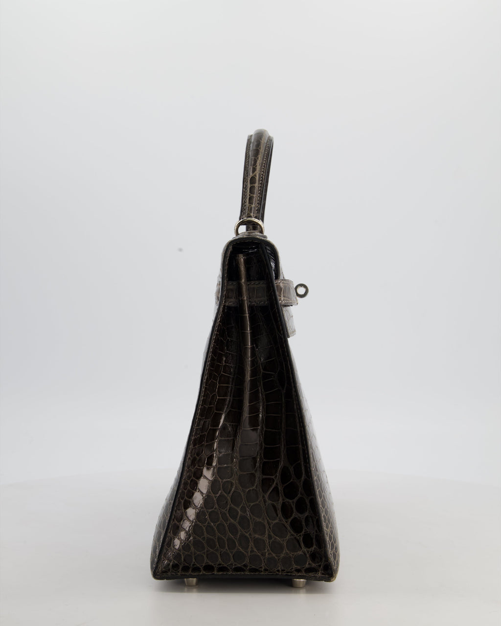 Hermès Vintage Kelly 32 Sellier Bag in Graphite Shiny Porosus Crocodile Leather with Palladium Hardware