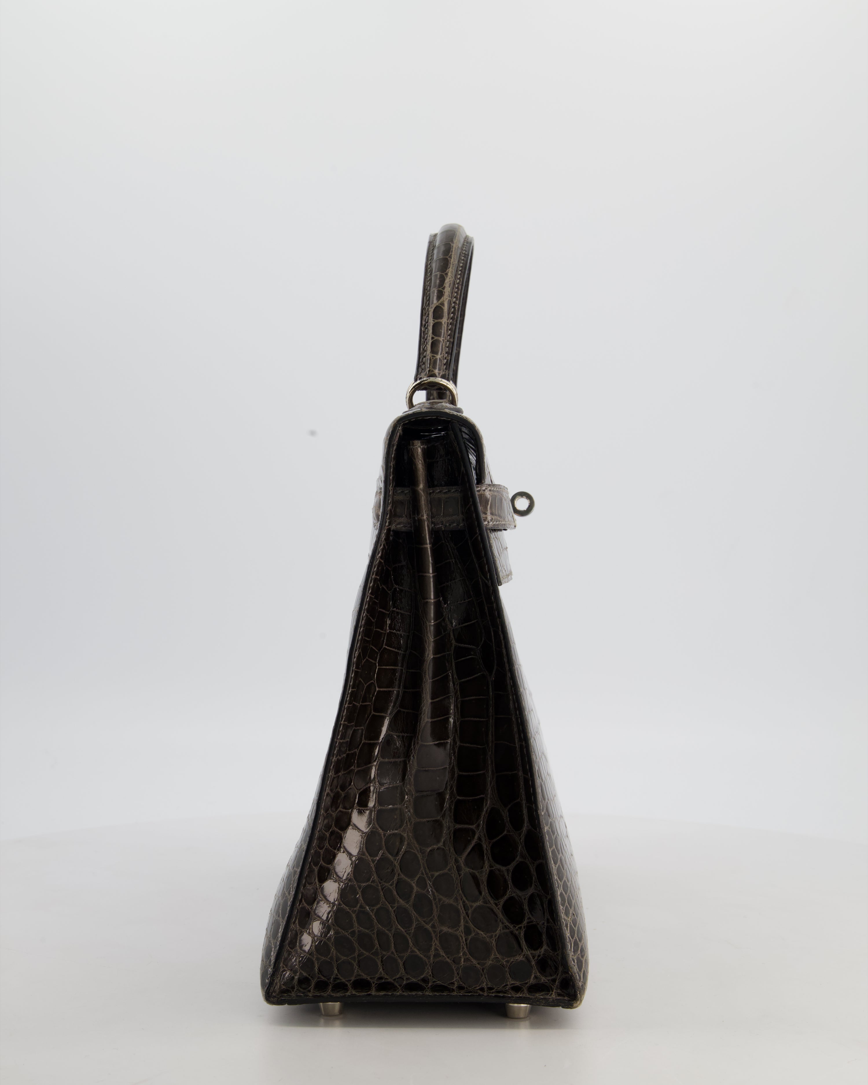 Hermès Vintage Kelly 32 Sellier Bag in Graphite Shiny Porosus Crocodile Leather with Palladium Hardware
