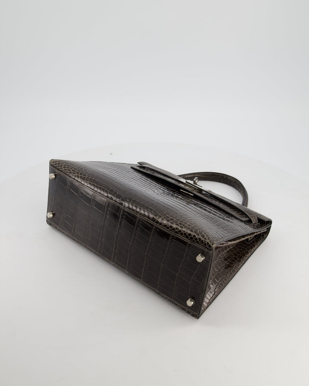 Hermès Vintage Kelly 32 Sellier Bag in Graphite Shiny Porosus Crocodile Leather with Palladium Hardware