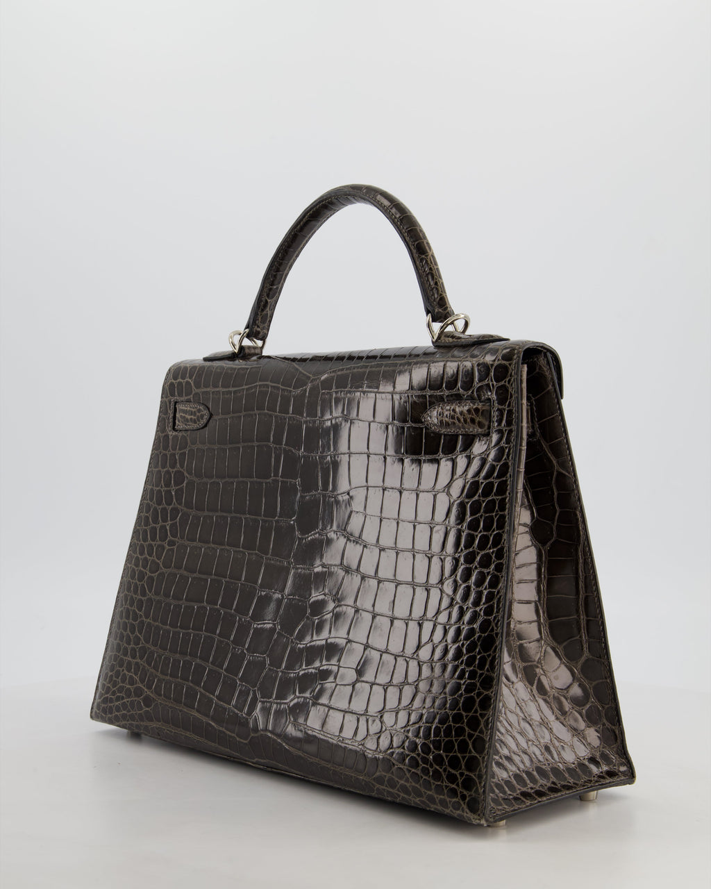 Hermès Vintage Kelly 32 Sellier Bag in Graphite Shiny Porosus Crocodile Leather with Palladium Hardware
