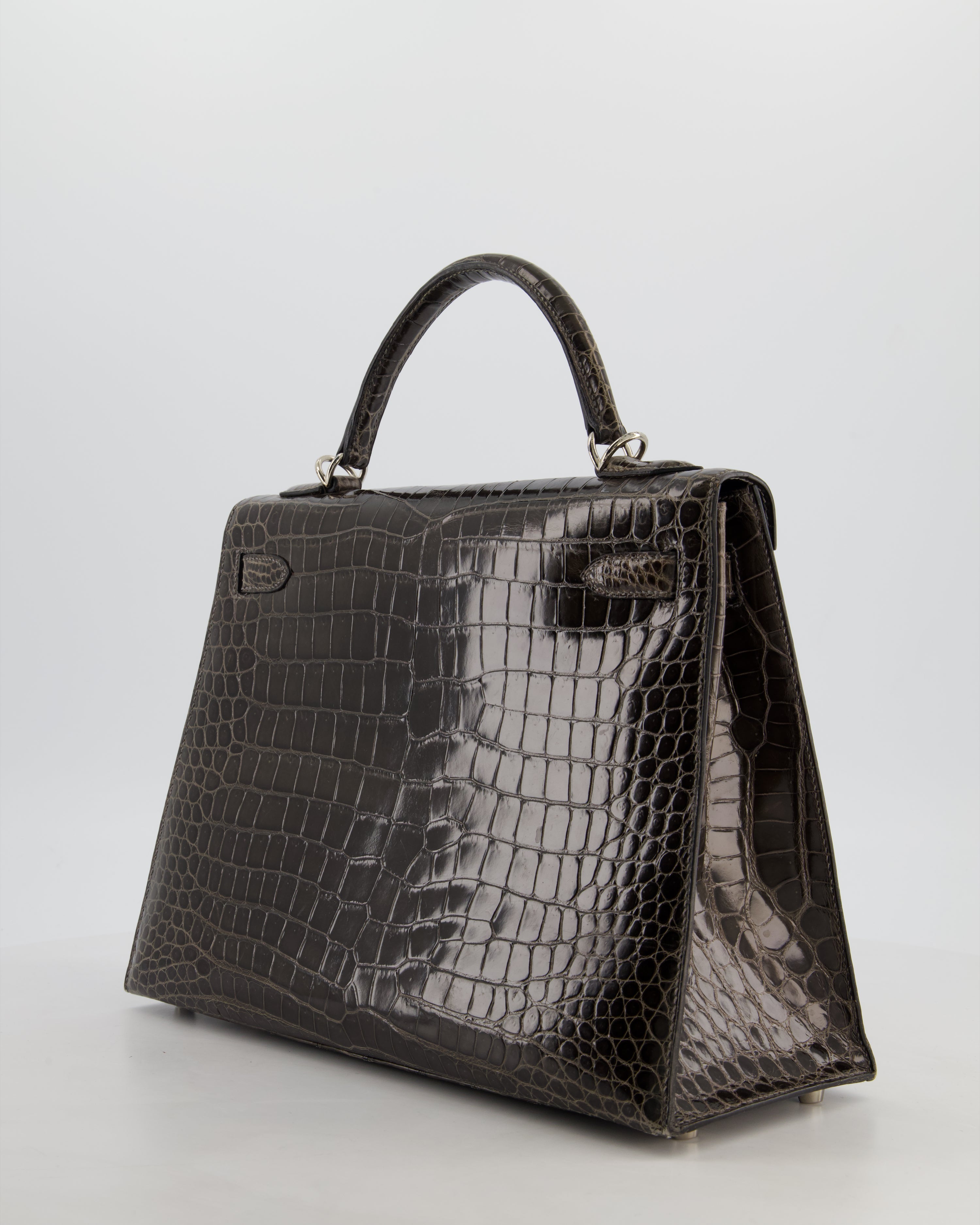 Hermès Vintage Kelly 32 Sellier Bag in Graphite Shiny Porosus Crocodile Leather with Palladium Hardware