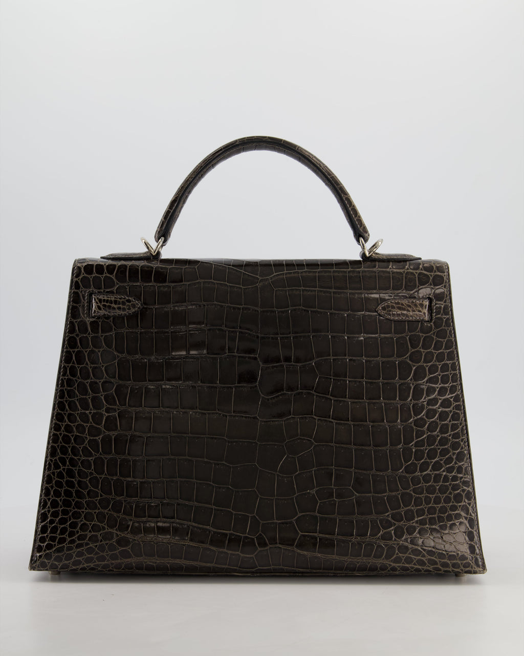 Hermès Vintage Kelly 32 Sellier Bag in Graphite Shiny Porosus Crocodile Leather with Palladium Hardware