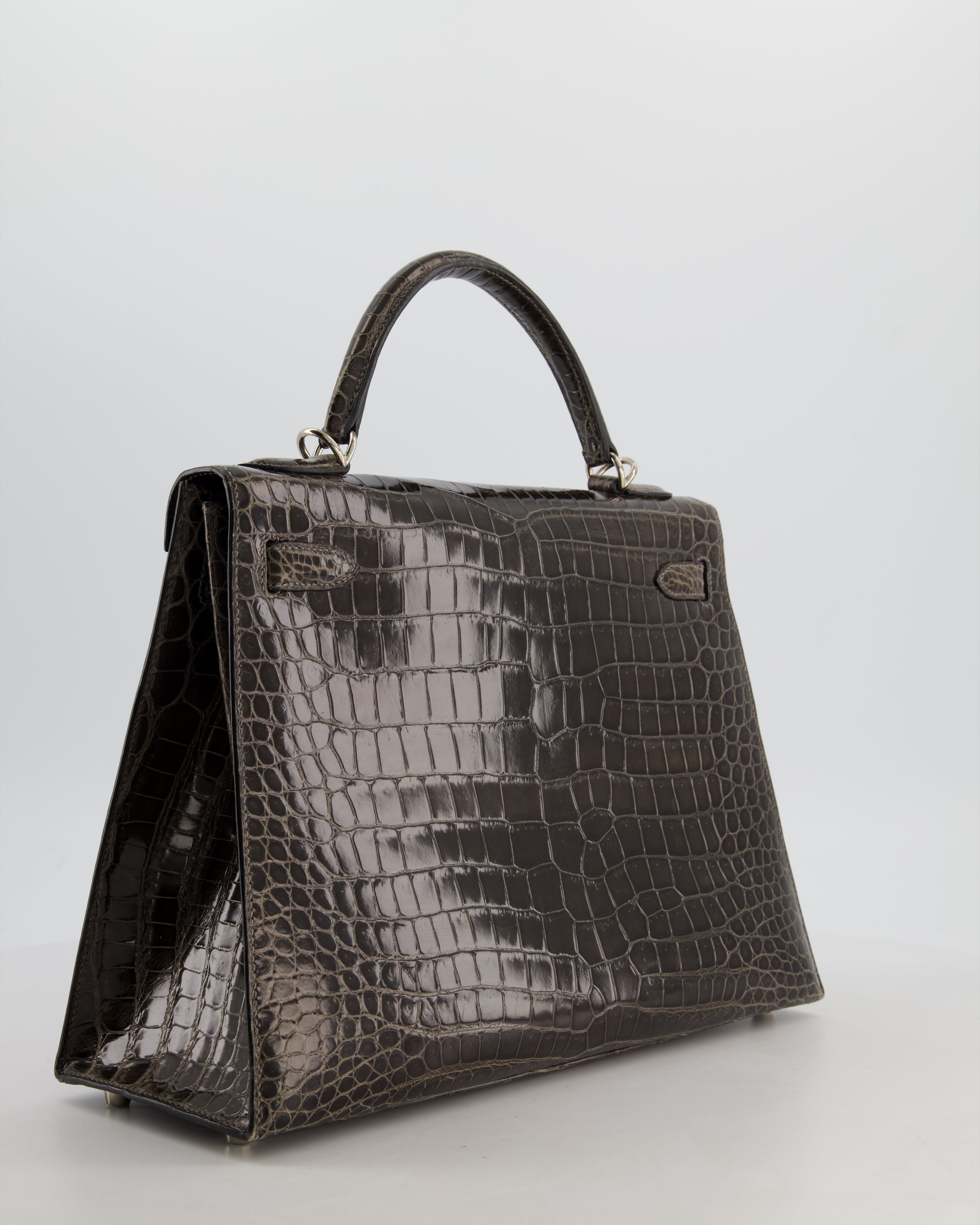 Hermès Vintage Kelly 32 Sellier Bag in Graphite Shiny Porosus Crocodile Leather with Palladium Hardware