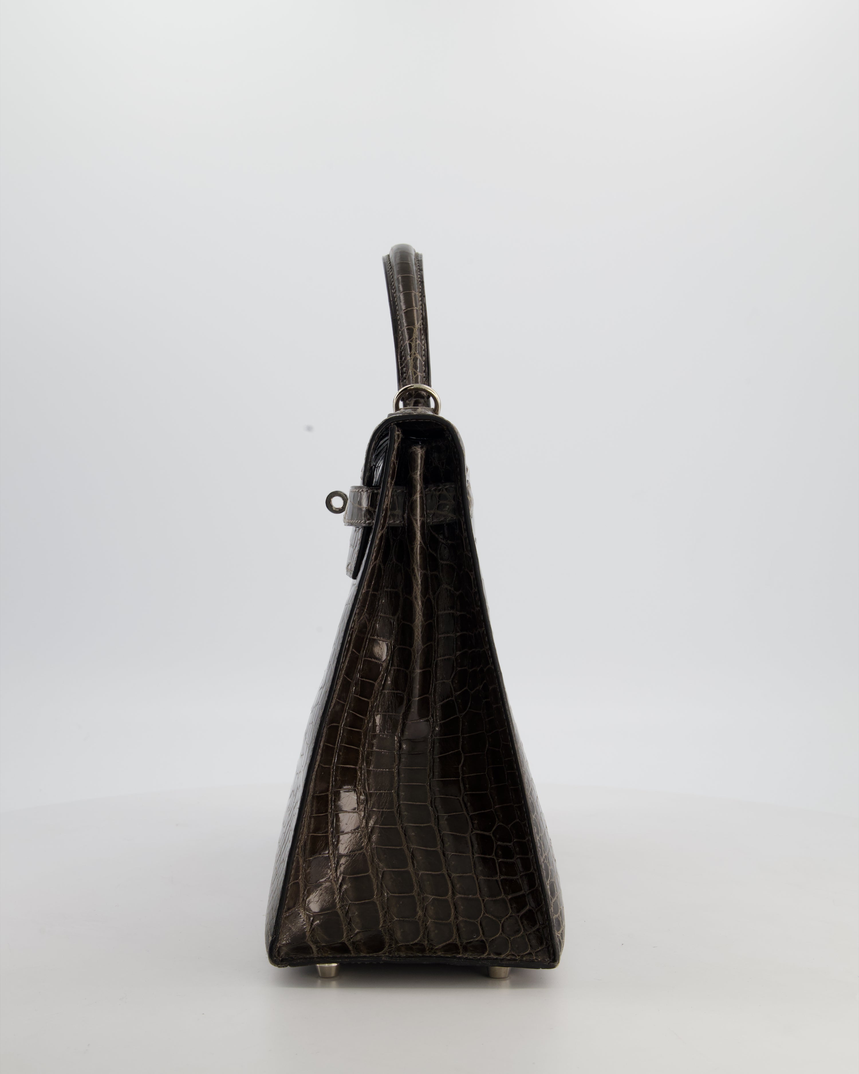 Hermès Vintage Kelly 32 Sellier Bag in Graphite Shiny Porosus Crocodile Leather with Palladium Hardware