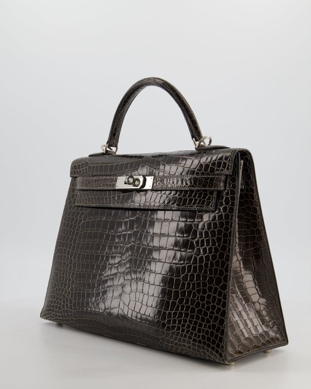 Hermès Vintage Kelly 32 Sellier Bag in Graphite Shiny Porosus Crocodile Leather with Palladium Hardware
