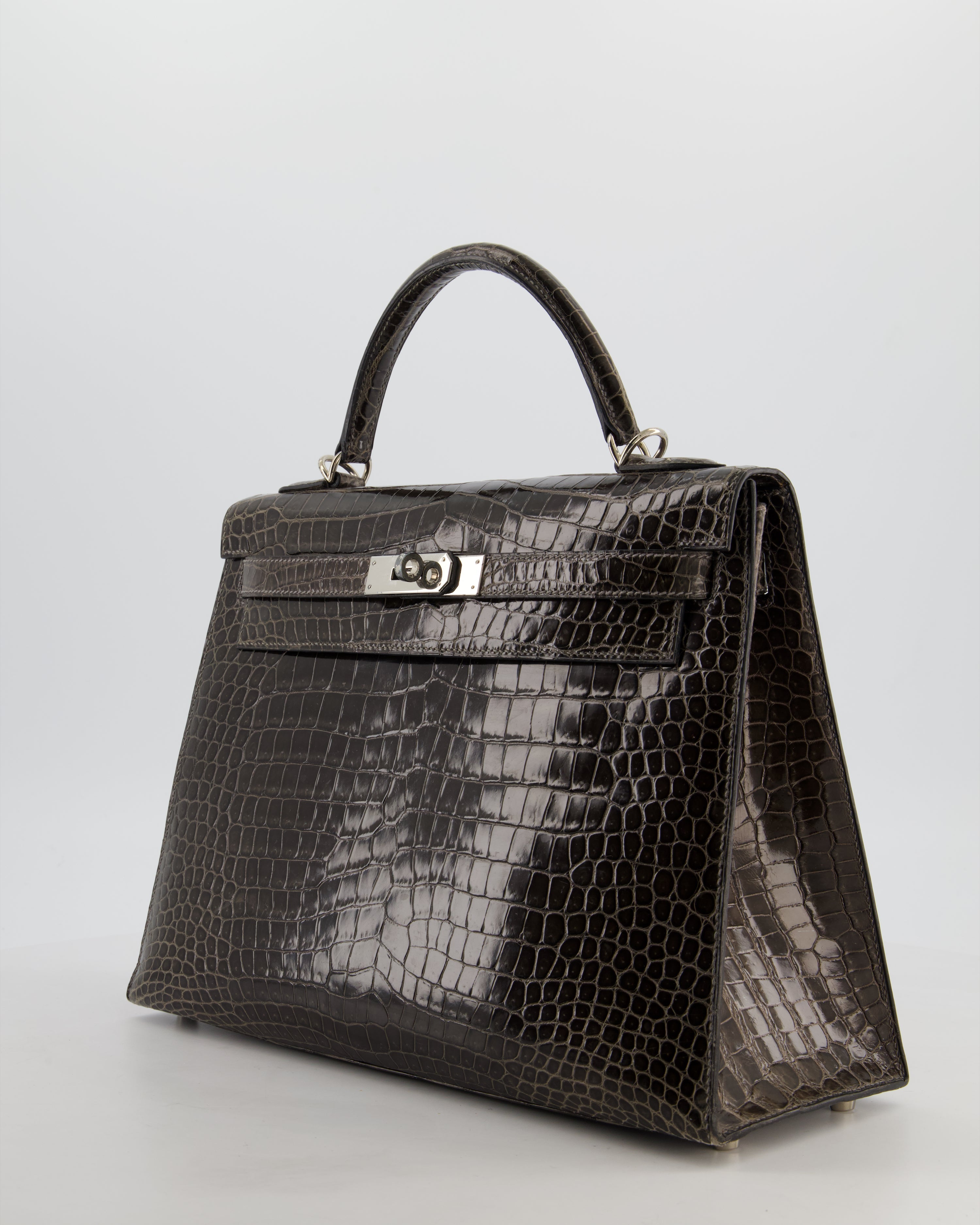 Hermès Vintage Kelly 32 Sellier Bag in Graphite Shiny Porosus Crocodile Leather with Palladium Hardware