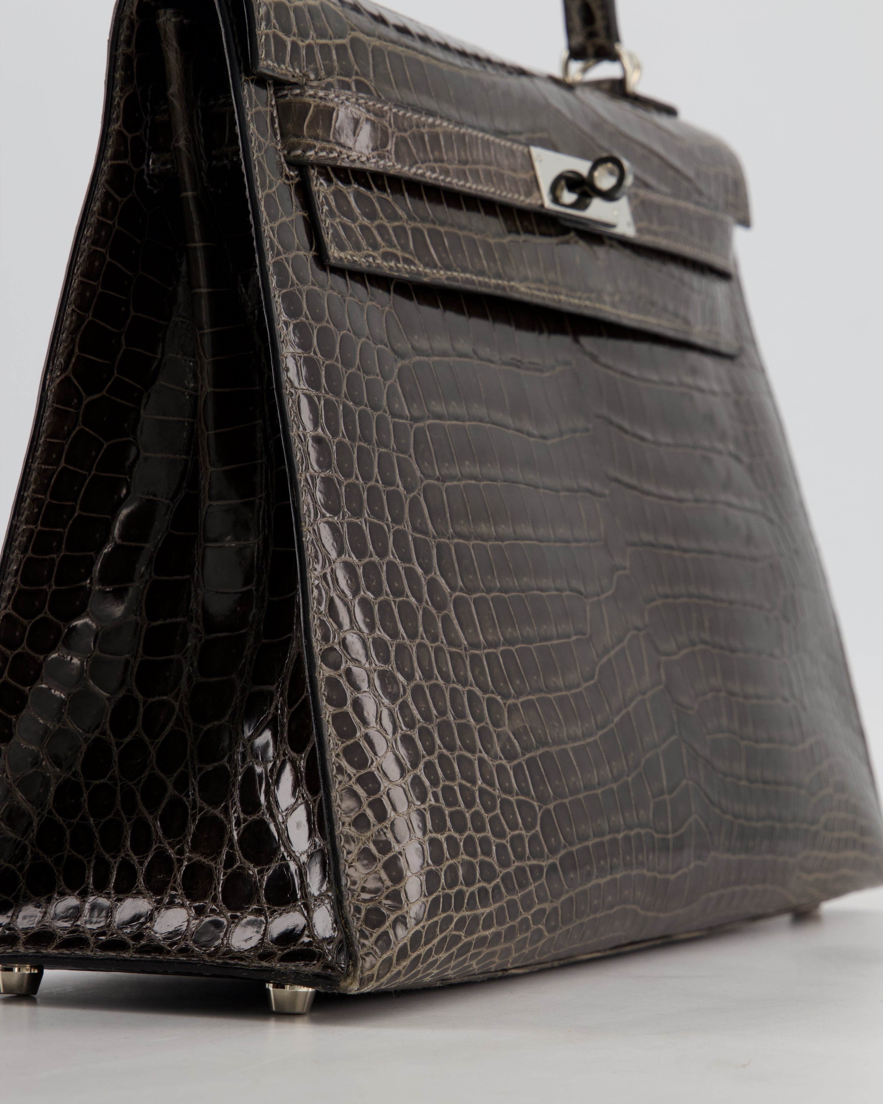 Hermès Vintage Kelly 32 Sellier Bag in Graphite Shiny Porosus Crocodile Leather with Palladium Hardware