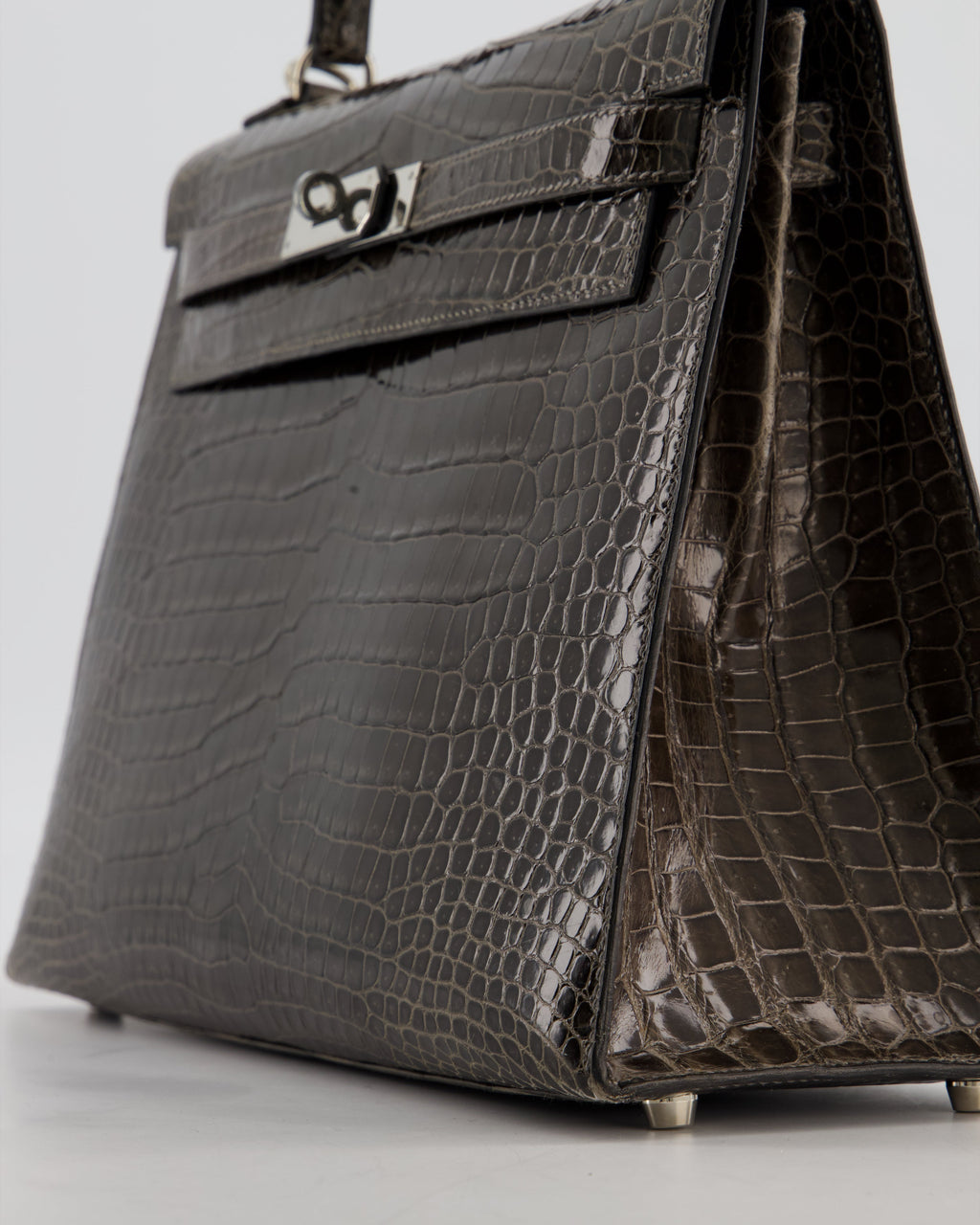Hermès Vintage Kelly 32 Sellier Bag in Graphite Shiny Porosus Crocodile Leather with Palladium Hardware