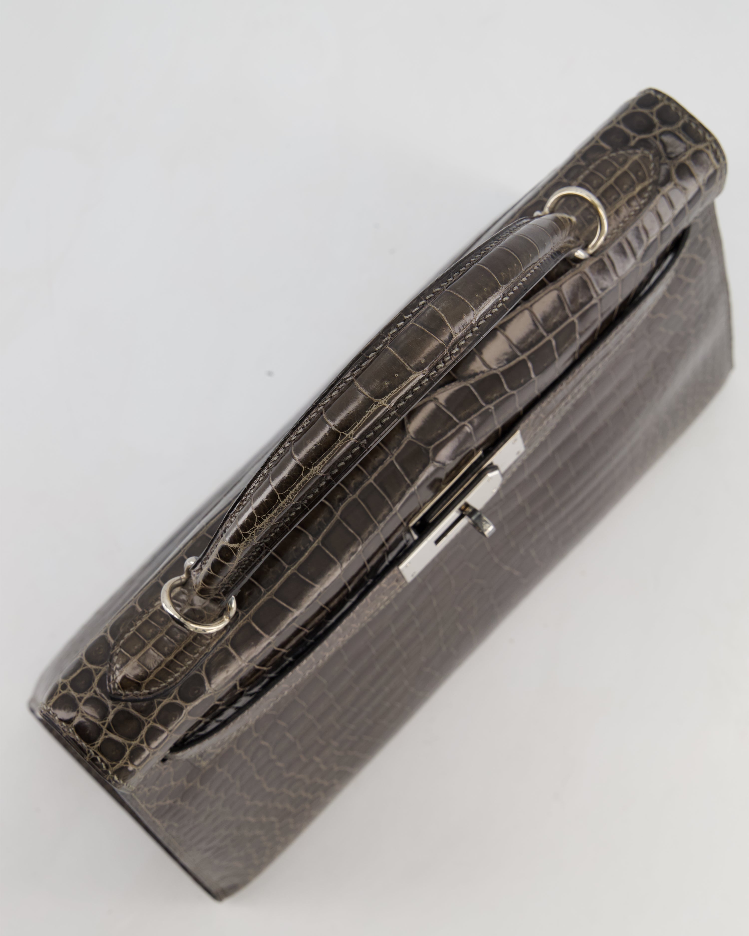 Hermès Vintage Kelly 32 Sellier Bag in Graphite Shiny Porosus Crocodile Leather with Palladium Hardware