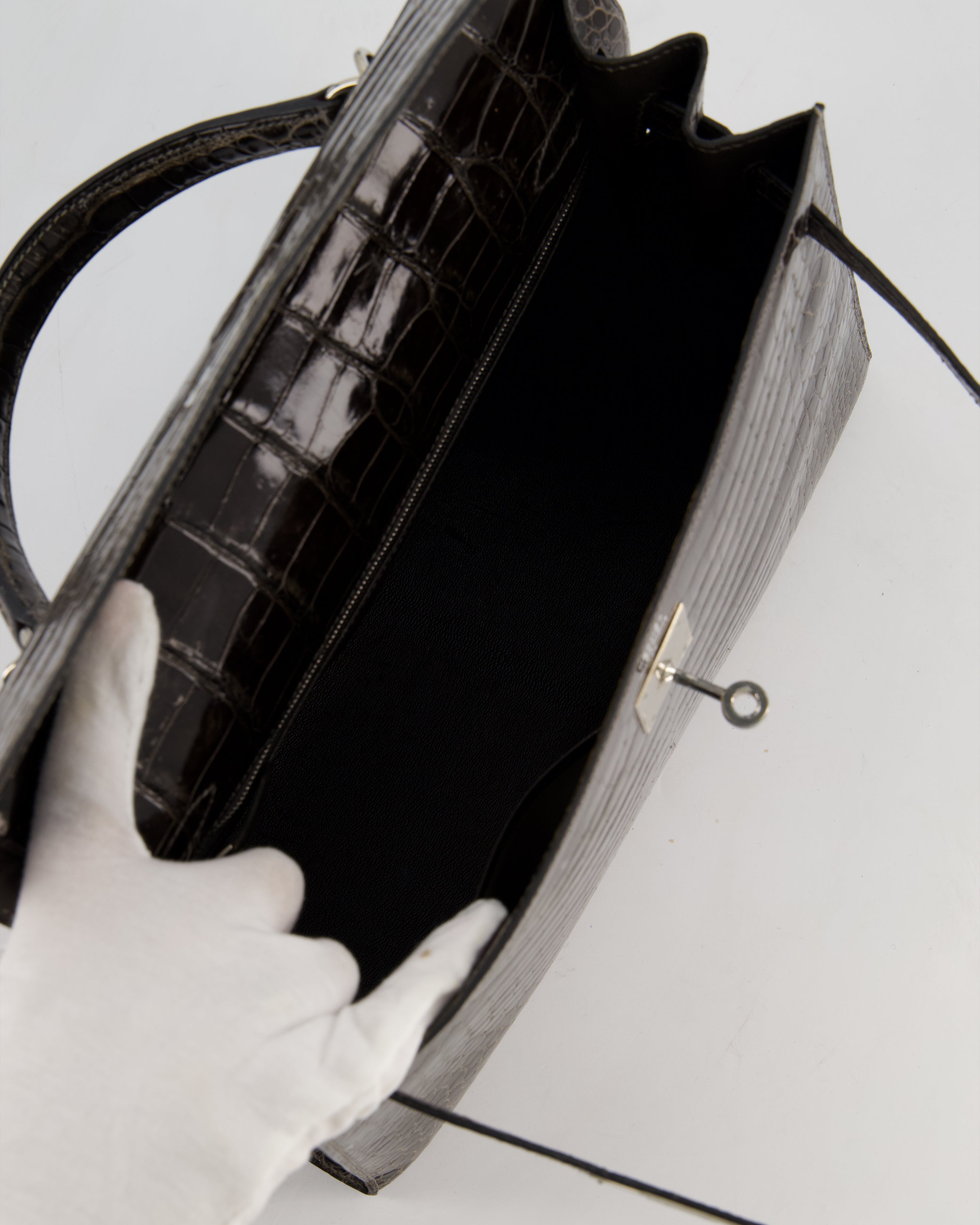 Hermès Vintage Kelly 32 Sellier Bag in Graphite Shiny Porosus Crocodile Leather with Palladium Hardware