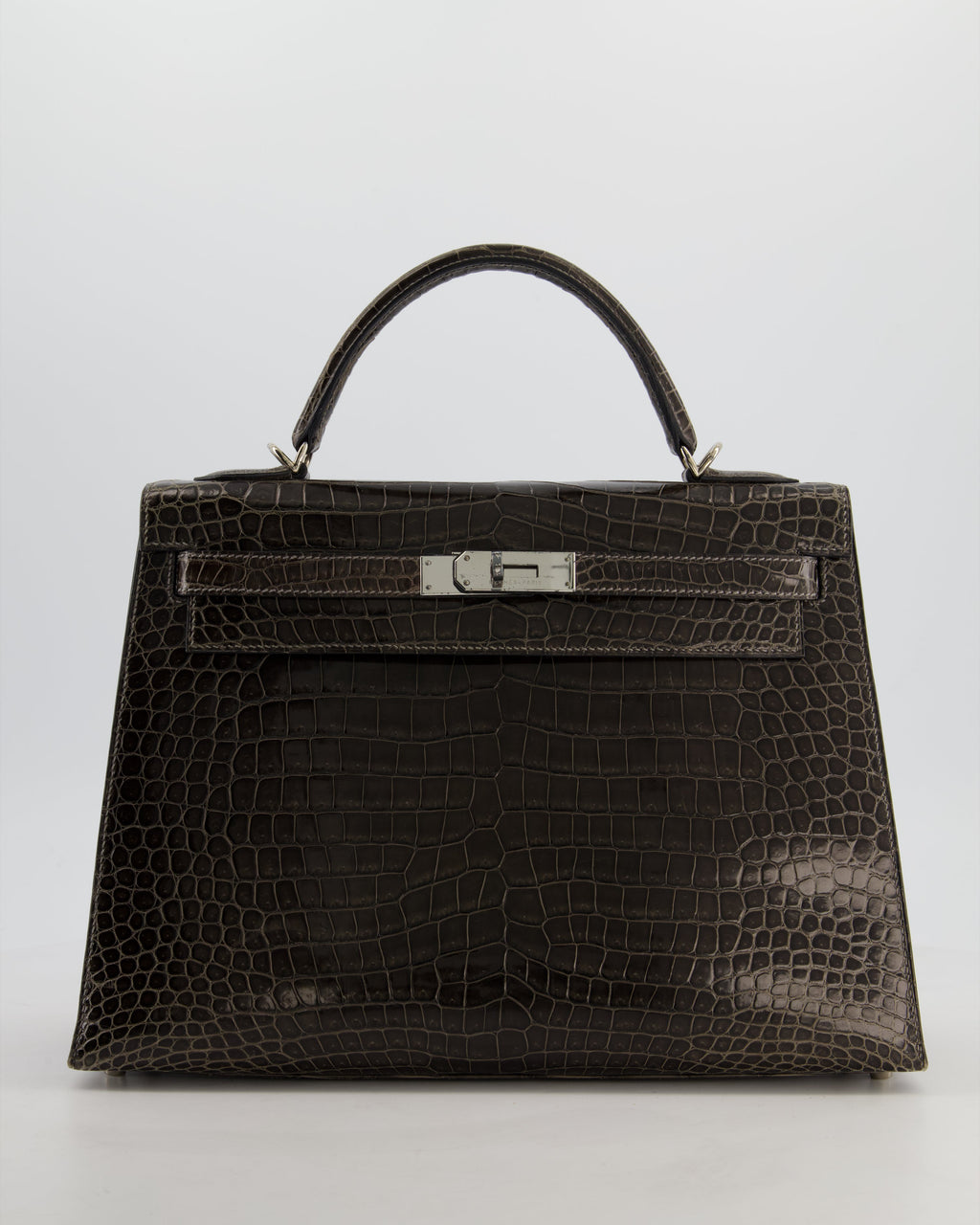 Hermès Vintage Kelly 32 Sellier Bag in Graphite Shiny Porosus Crocodile Leather with Palladium Hardware
