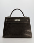 Hermès Vintage Kelly 32 Sellier Bag in Graphite Shiny Porosus Crocodile Leather with Palladium Hardware