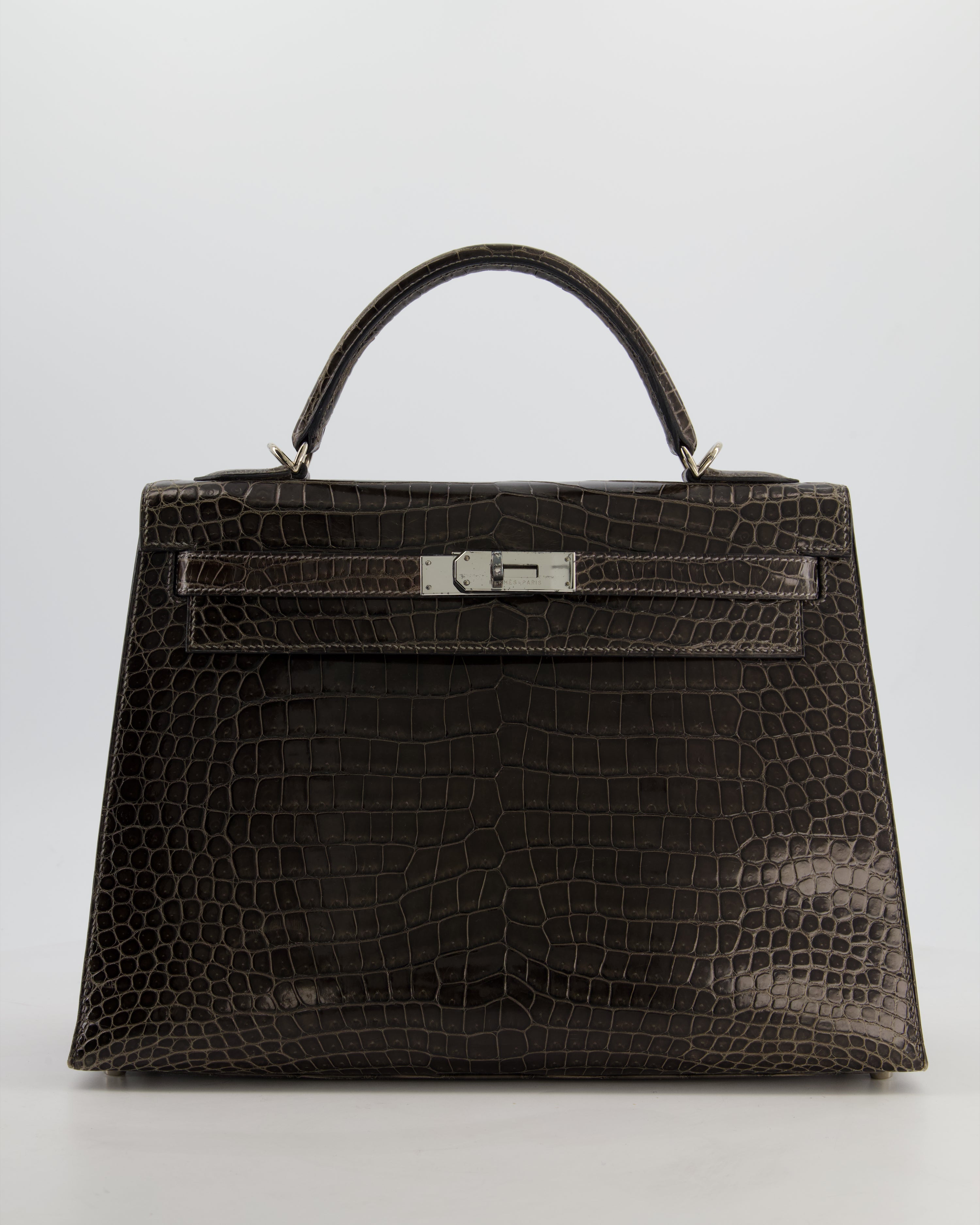 Hermès Vintage Kelly 32 Sellier Bag in Graphite Shiny Porosus Crocodile Leather with Palladium Hardware