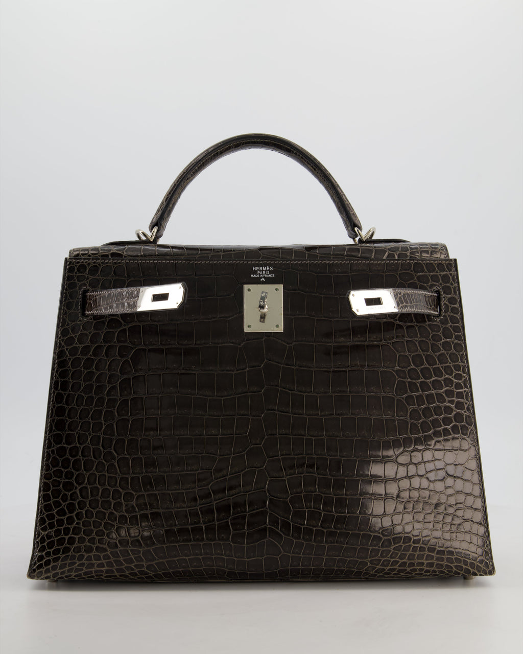 Hermès Vintage Kelly 32 Sellier Bag in Graphite Shiny Porosus Crocodile Leather with Palladium Hardware