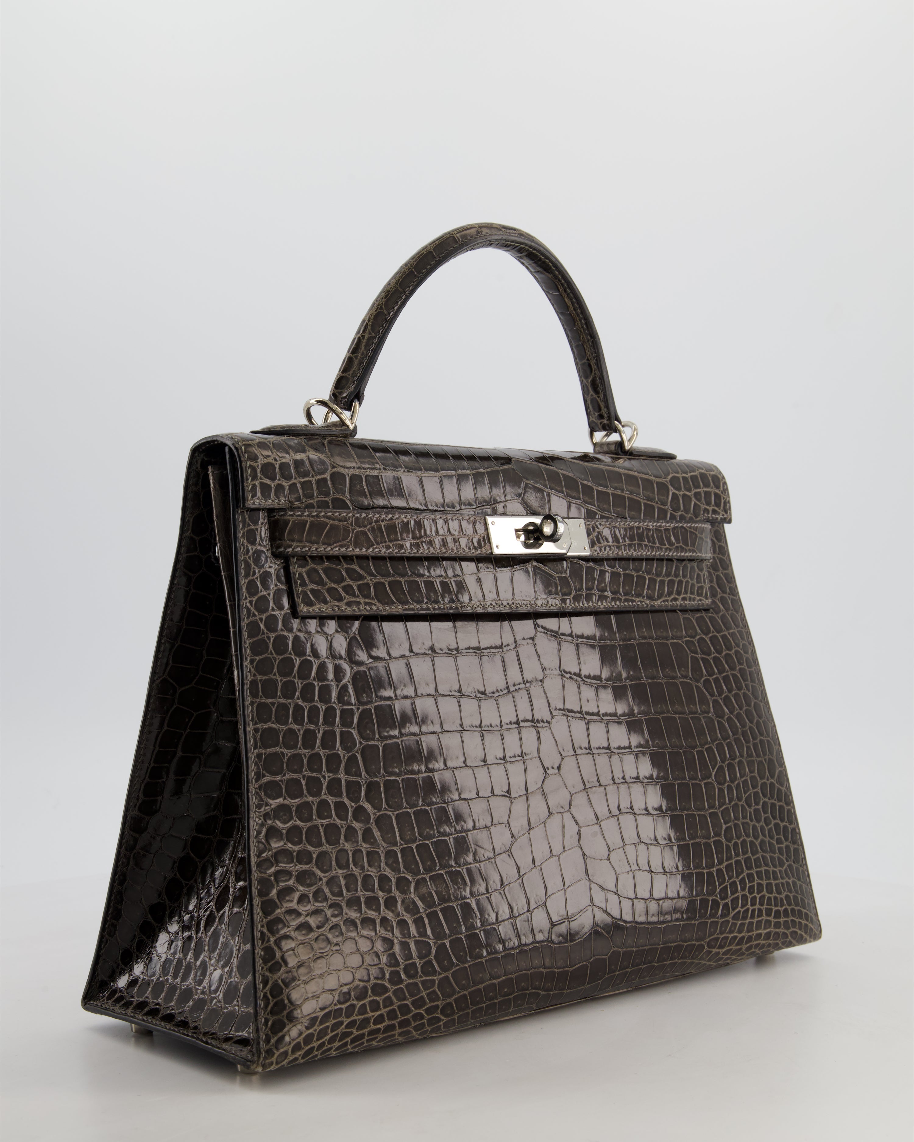 Hermès Vintage Kelly 32 Sellier Bag in Graphite Shiny Porosus Crocodile Leather with Palladium Hardware