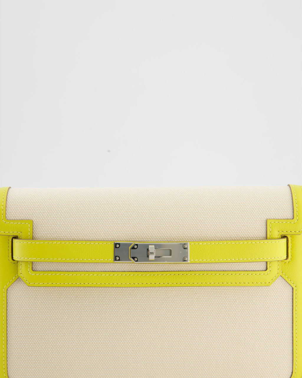 Hermès Kelly Depeches 25 Verso Bag in Ecru Canvas and Jaune Citron Chèvre with Palladium Hardware