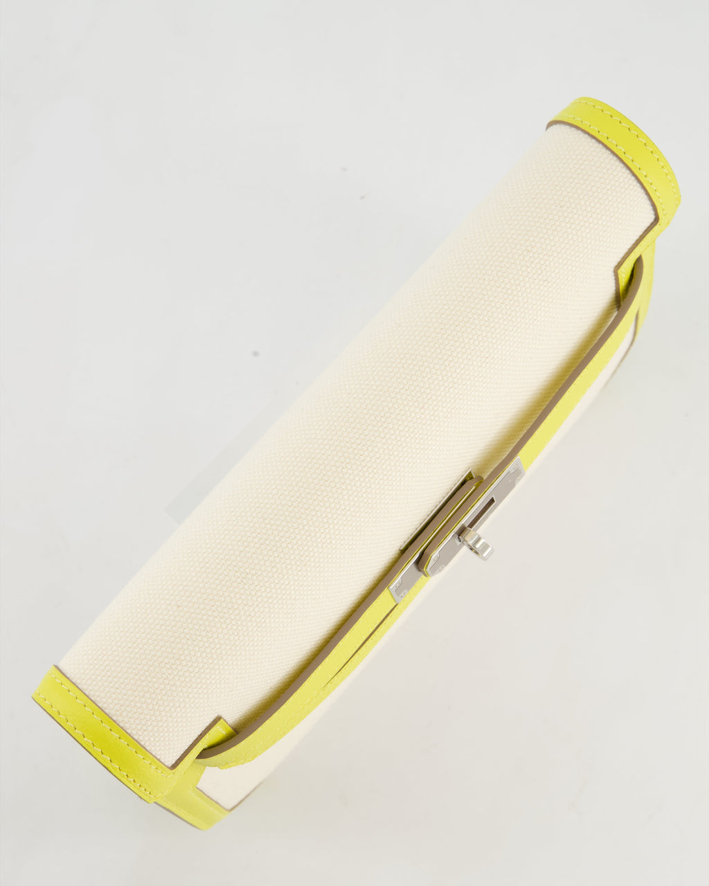 Hermès Kelly Depeches 25 Verso Bag in Ecru Canvas and Jaune Citron Chèvre with Palladium Hardware