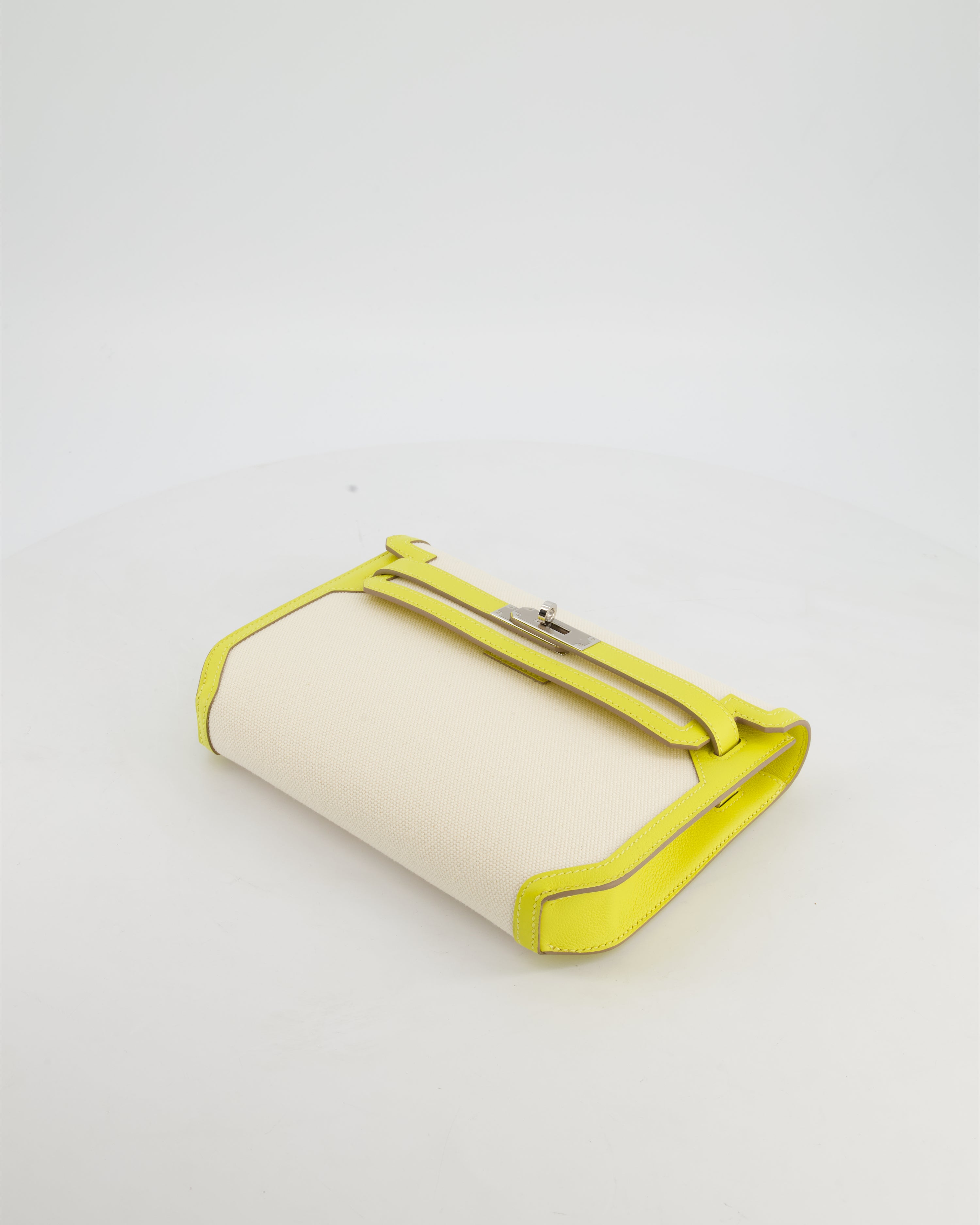 Hermès Kelly Depeches 25 Verso Bag in Ecru Canvas and Jaune Citron Chèvre with Palladium Hardware