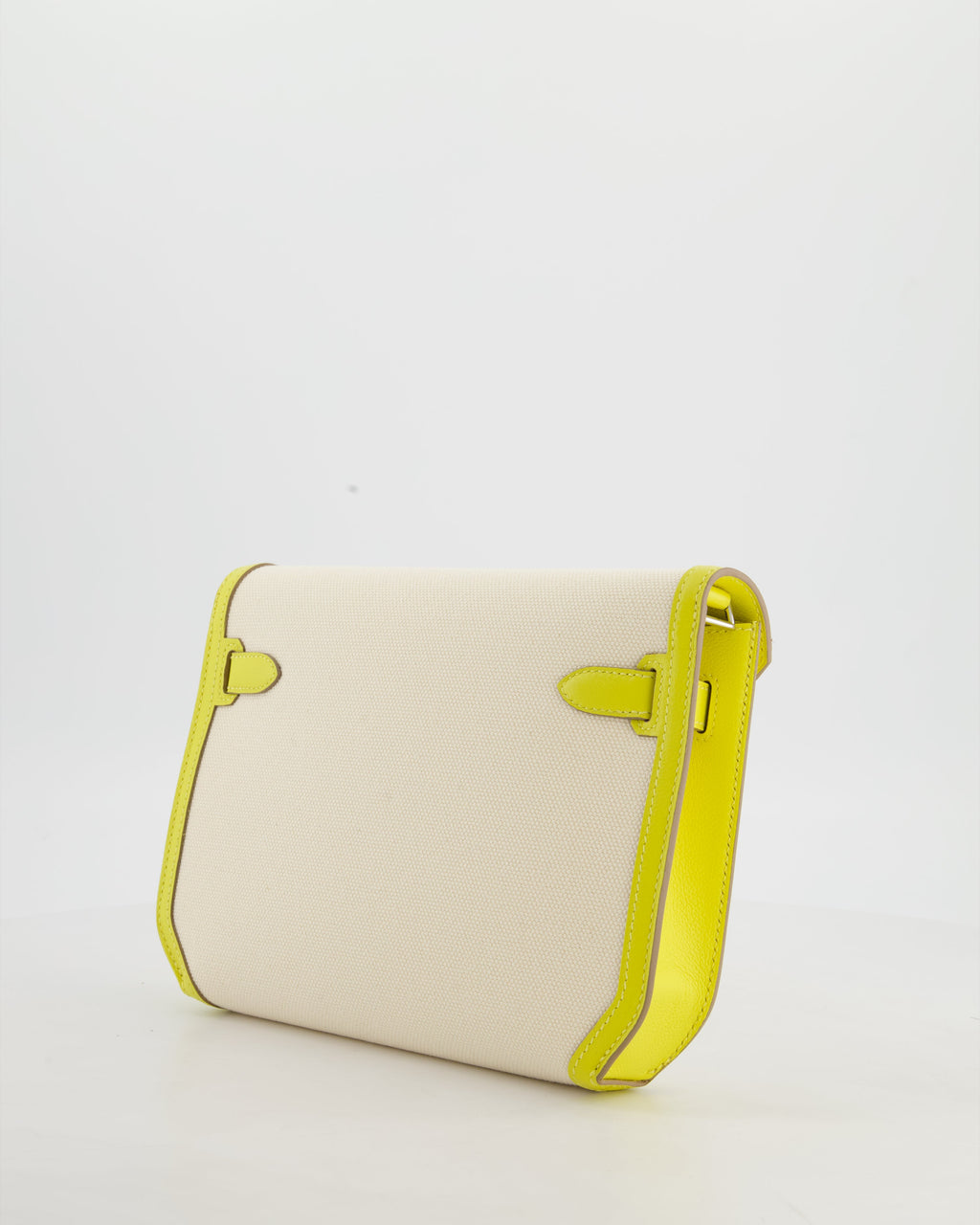 Hermès Kelly Depeches 25 Verso Bag in Ecru Canvas and Jaune Citron Chèvre with Palladium Hardware
