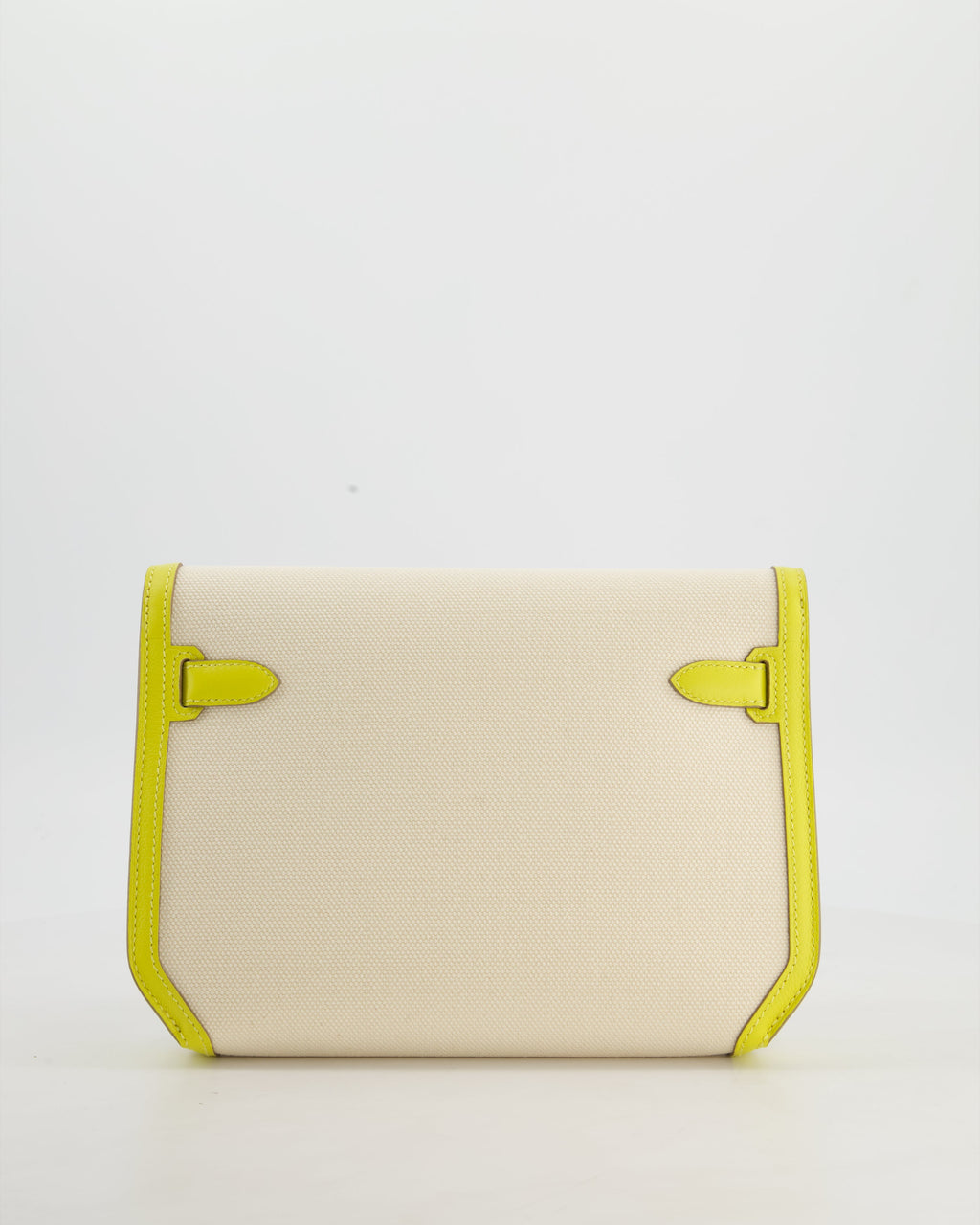 Hermès Kelly Depeches 25 Verso Bag in Ecru Canvas and Jaune Citron Chèvre with Palladium Hardware