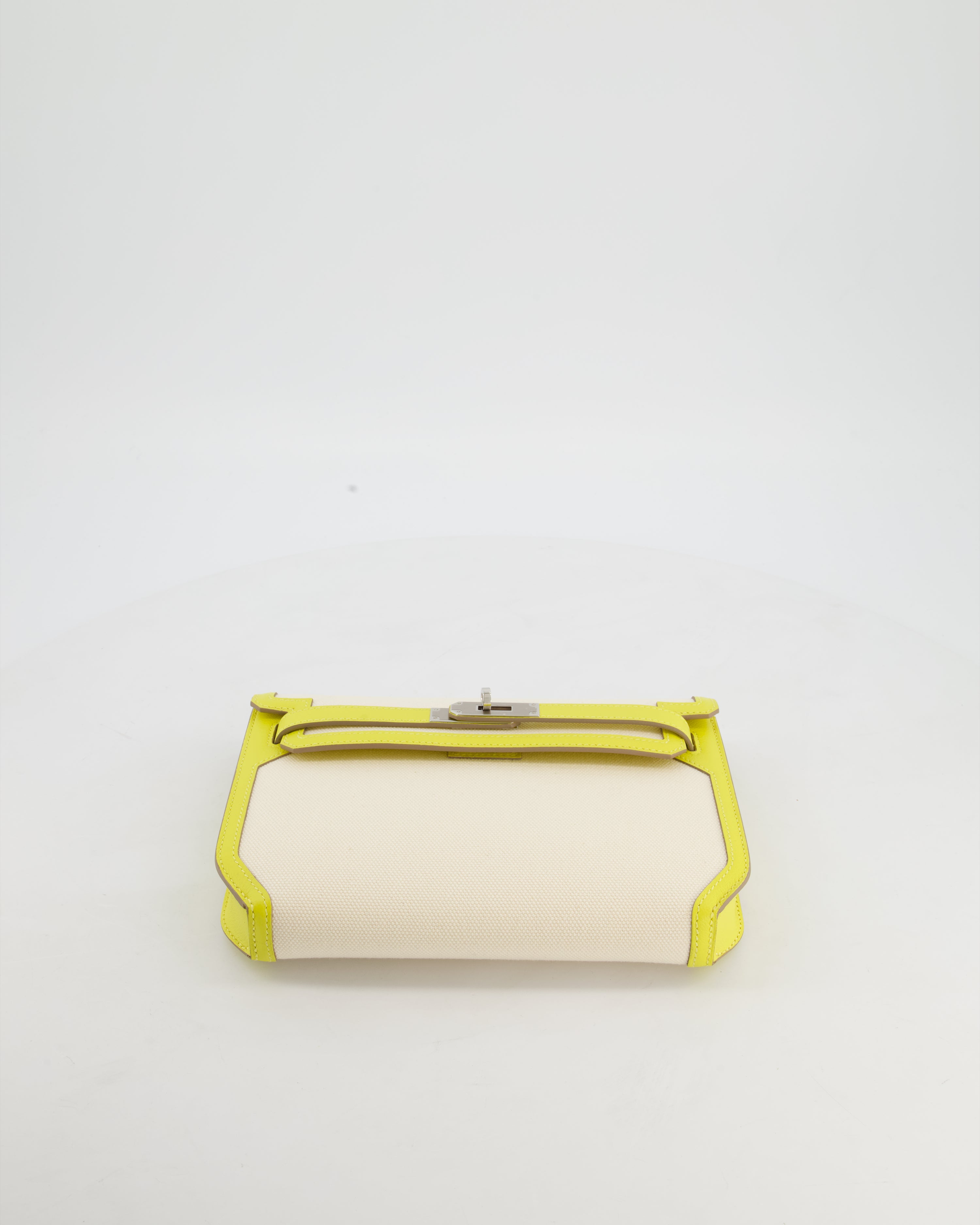 Hermès Kelly Depeches 25 Verso Bag in Ecru Canvas and Jaune Citron Chèvre with Palladium Hardware