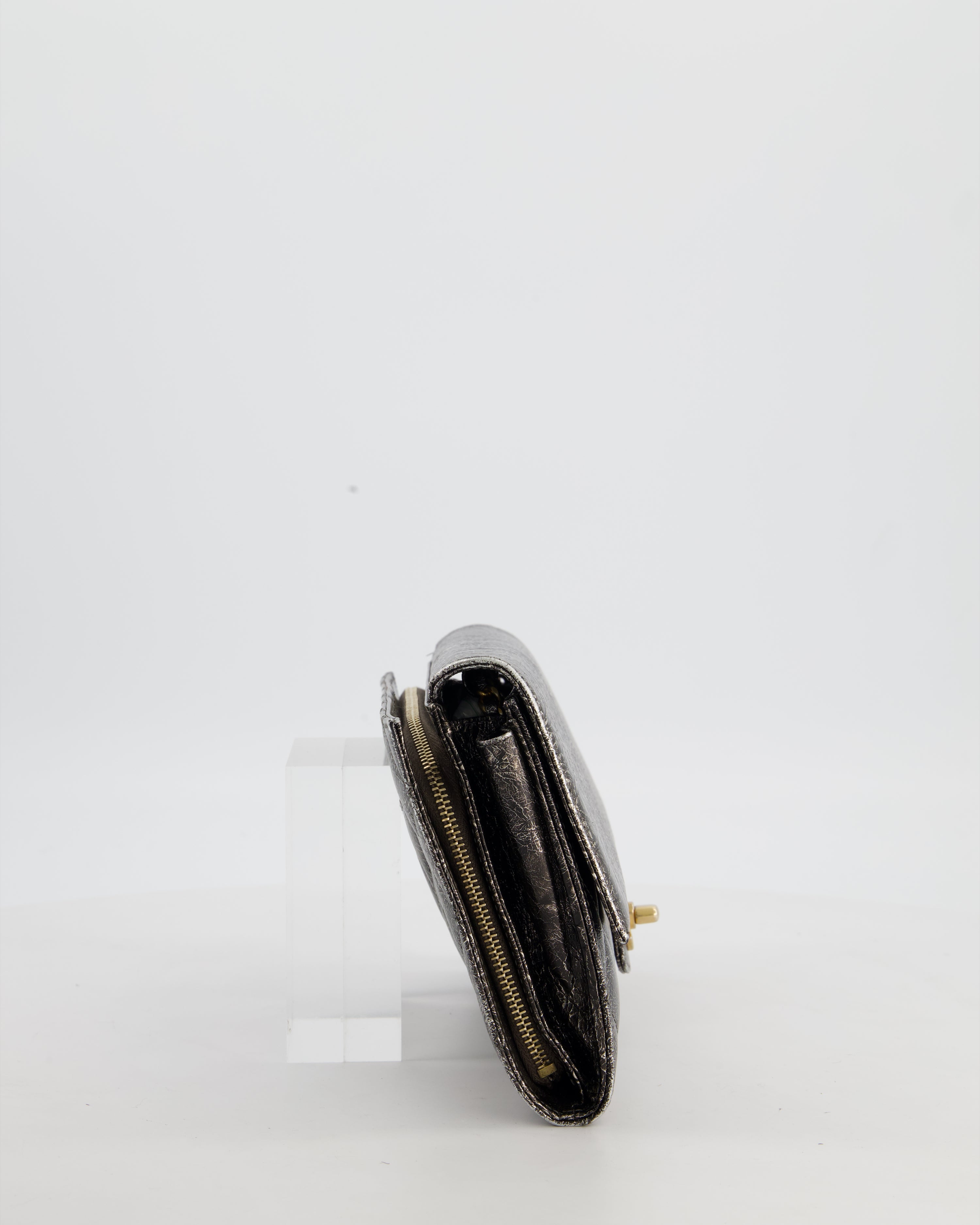 Chanel Black, Cracked Silver Metallic Wallet on Chain Bag in Calfskin Leather with Antique Gold Hardware