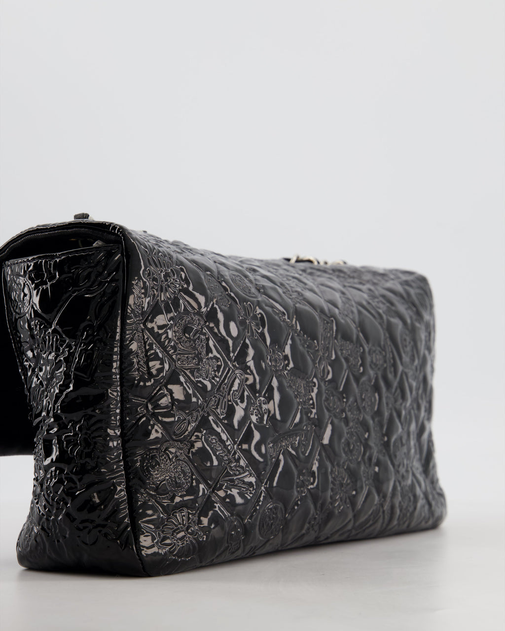 Chanel Black Patent East West Single Flap Bag with Embossed Charm Details and Silver Hardware